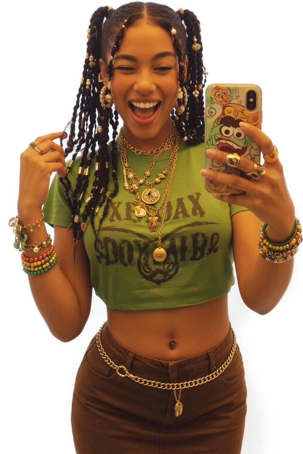 Brown Skin Woman Long Braids Gold Chains Wink Smile reference photo