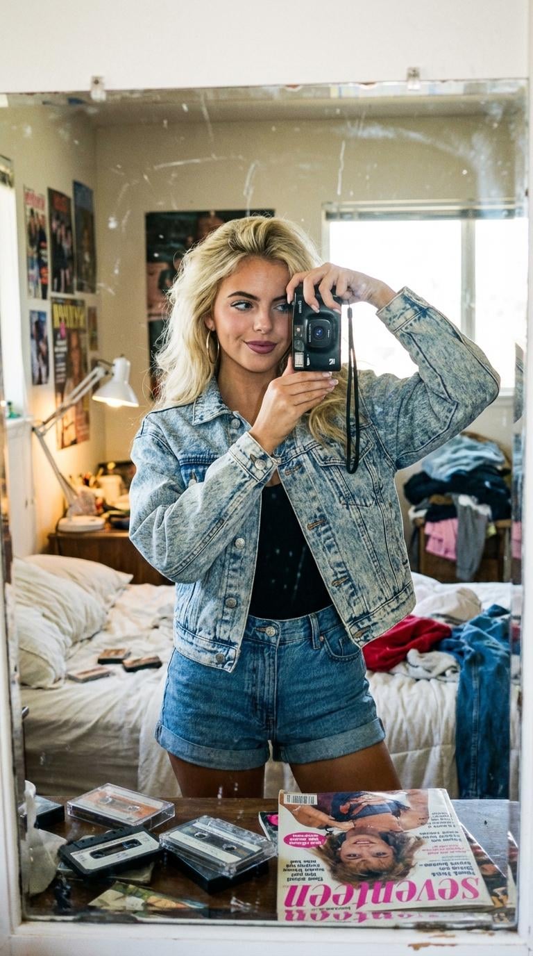 Bedroom Mirror Selfie Acid Denim Jacket Gold Hoops