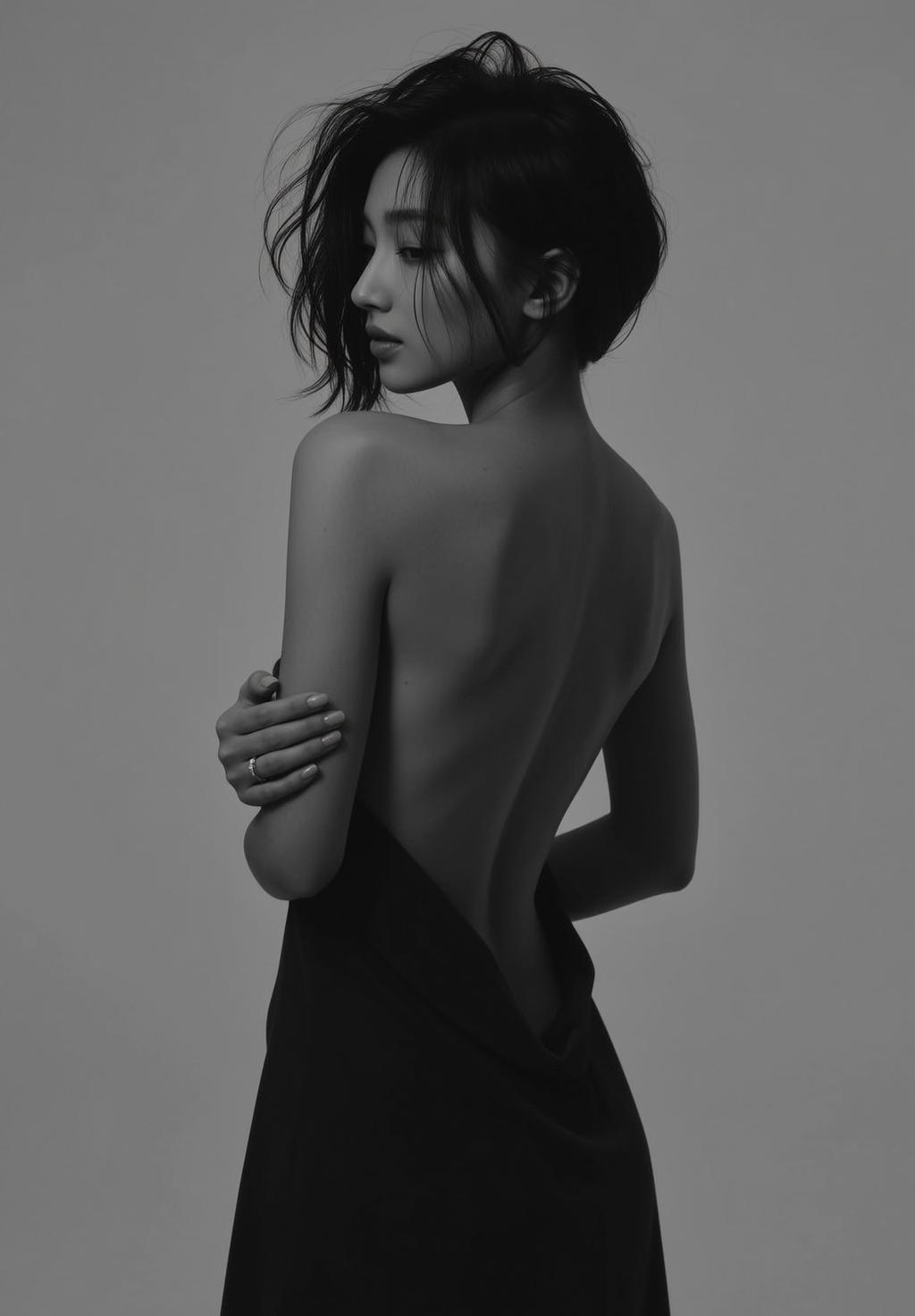 Photorealistic Medium Shot Black And White Portrait Young Asian Woman reference photo