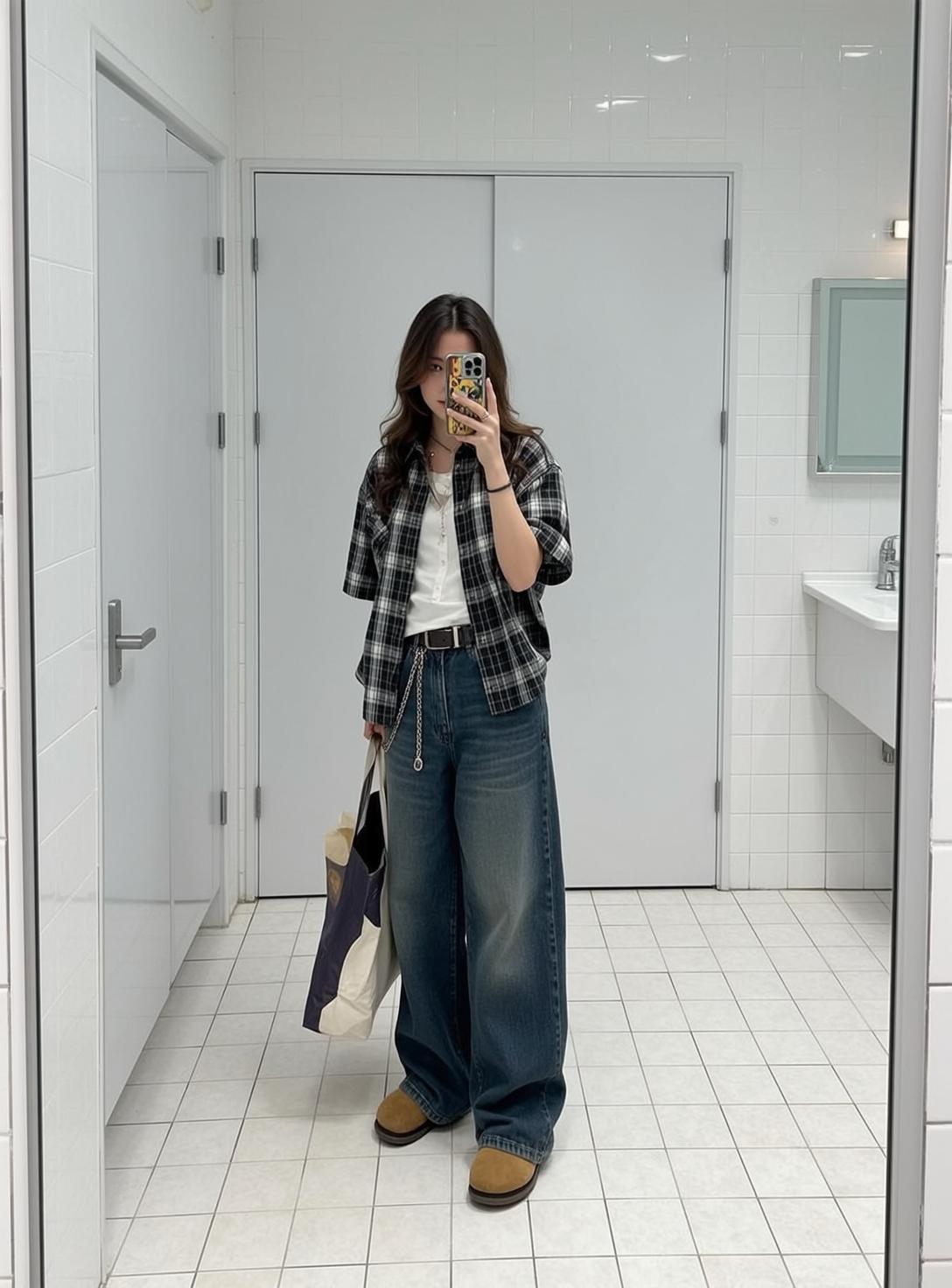 Black Shirt and Wide Leg Jeans Bathroom reference photo