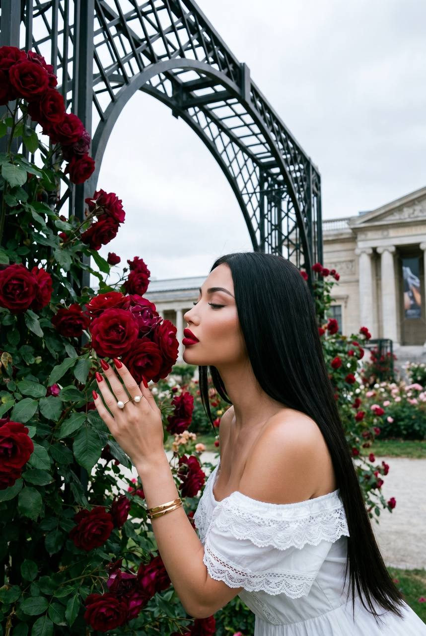 A woman in a white off-shoulder lace dress stands beside a trellis of blooming red roses with a soft blue sky in the background.