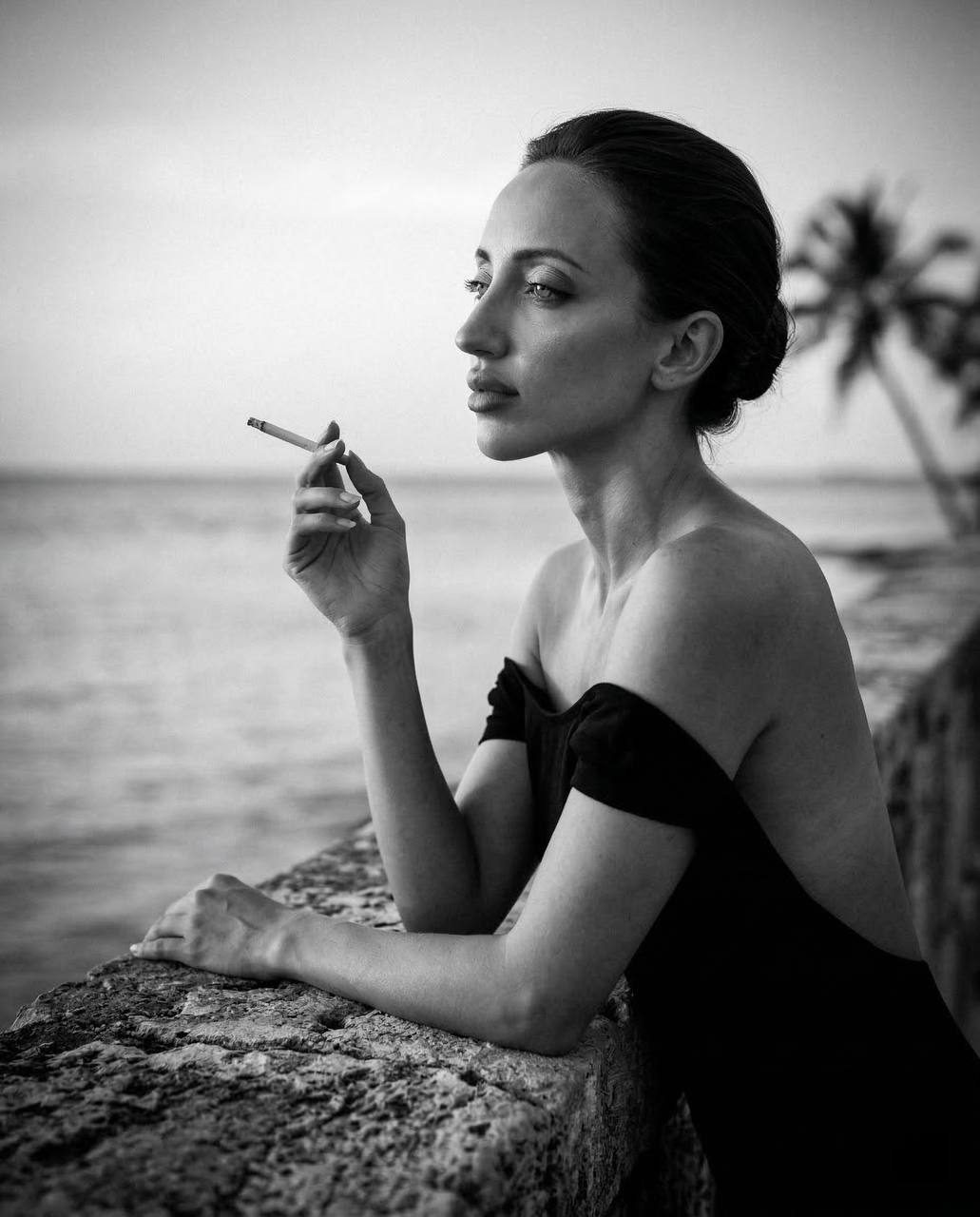 Elegant Girl Seashore Profile Cinematic Monochrome