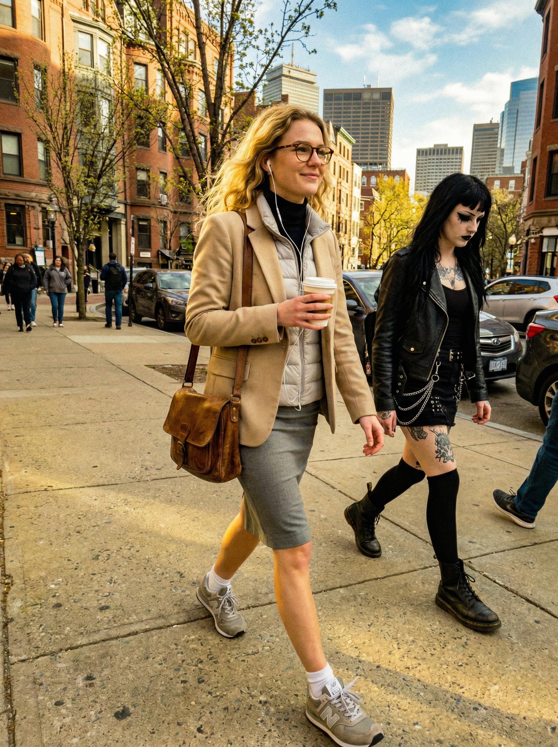 Sunlit Urban Sidewalk Woman Tan Blazer Grey Skirt