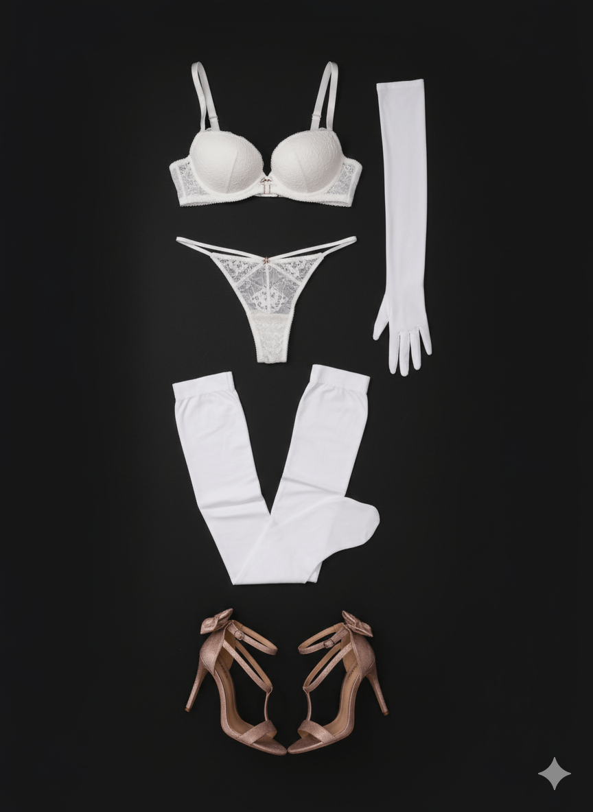 Lace Bra Thong Opera Gloves Stockings Sandals Flat Lay