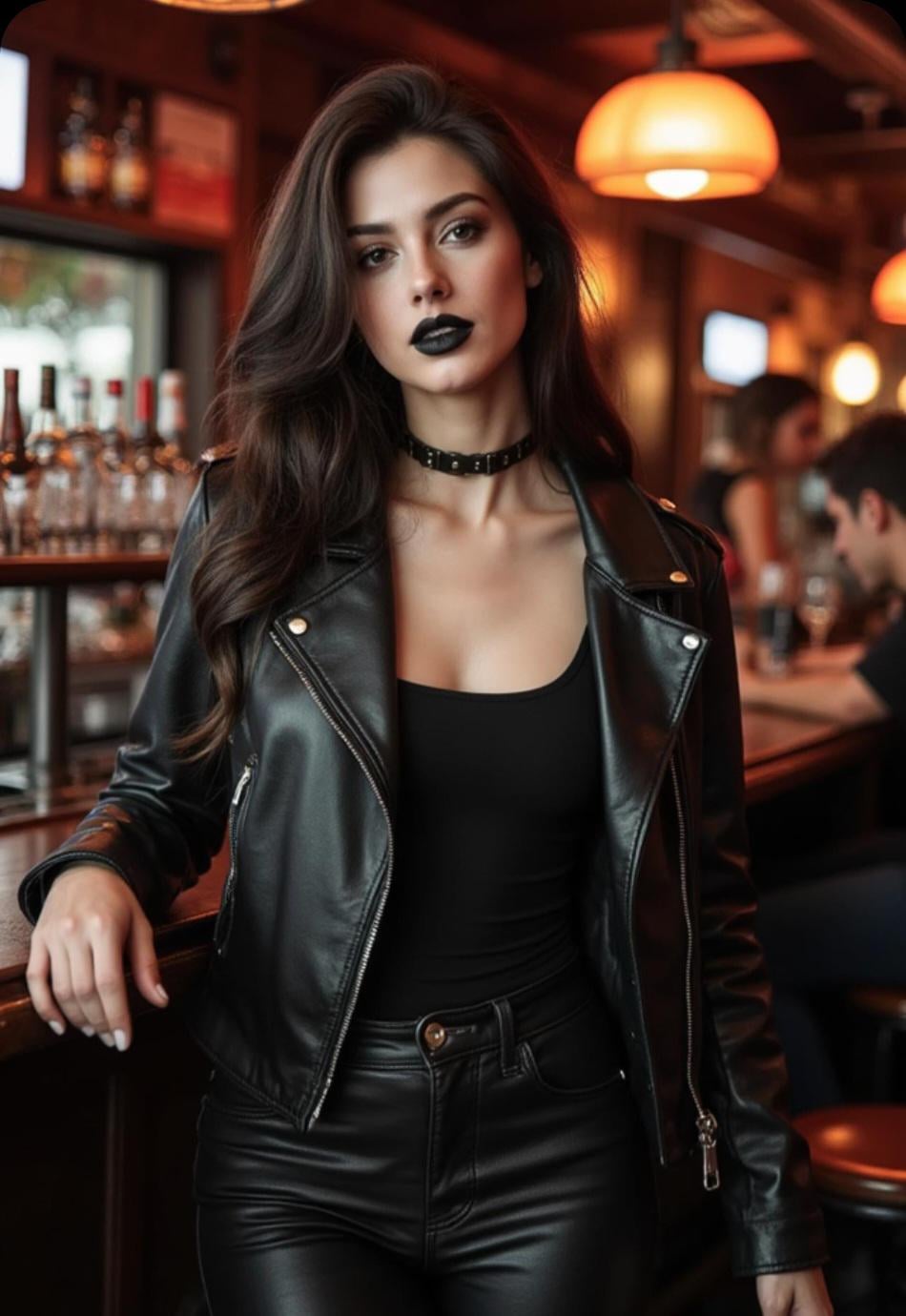 Leaning On Bar Counter Black Leather Outfit