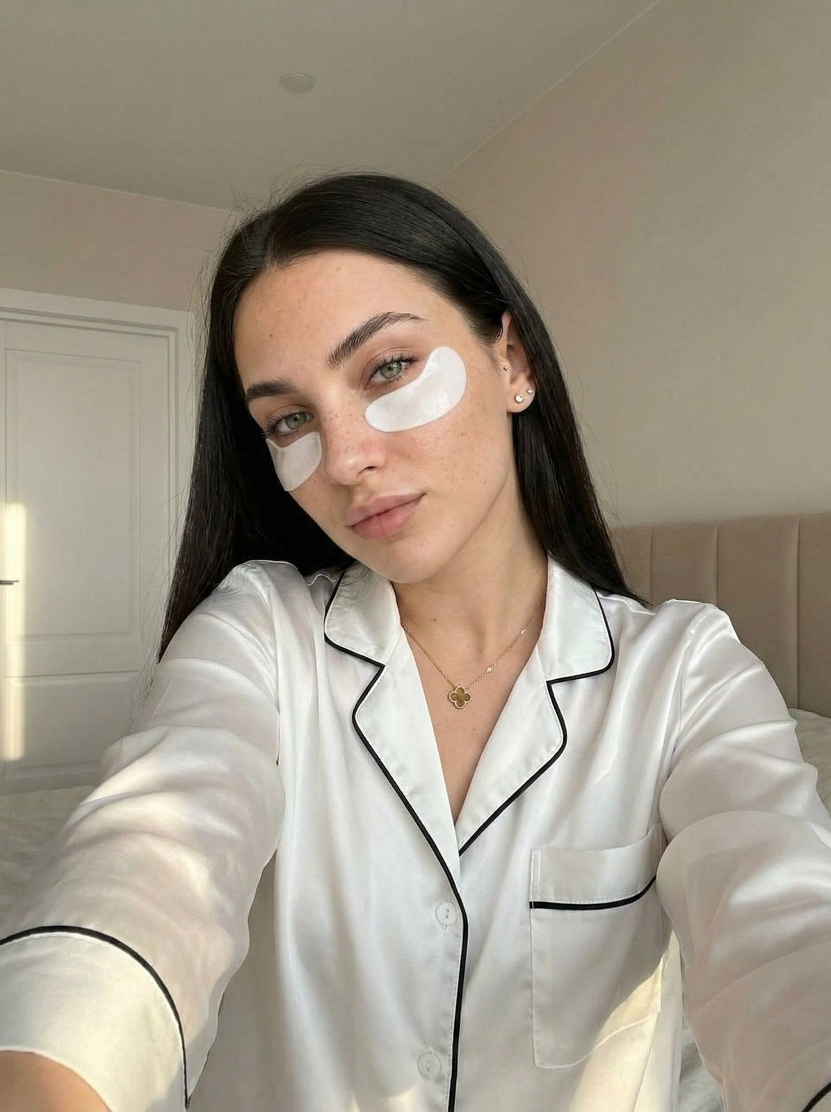 Woman Selfie Bedroom Natural Makeup Satin Pajamas