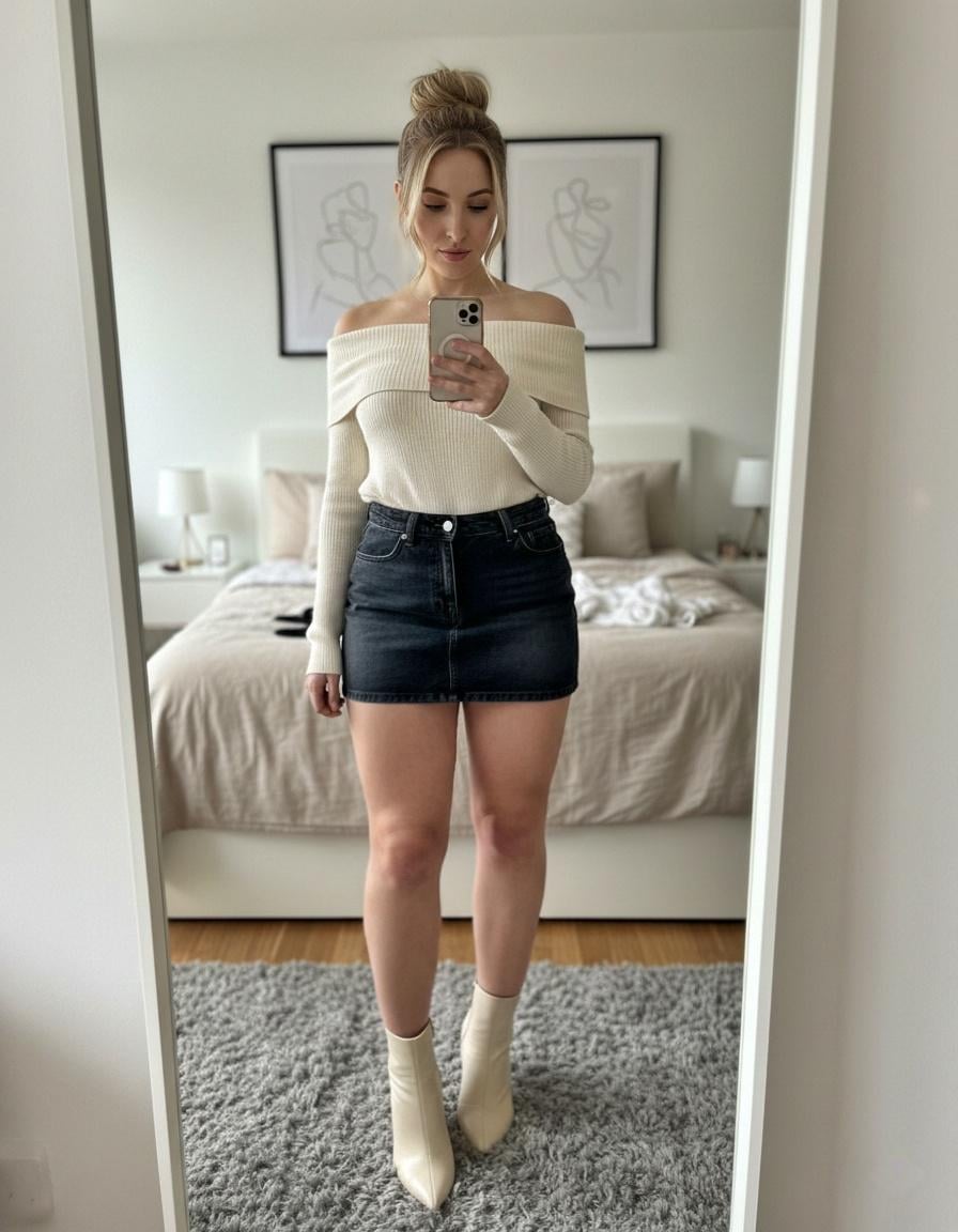 A curvy girl with a playful gaze taking a selfie in a messy modern bedroom, wearing high-heel boots.