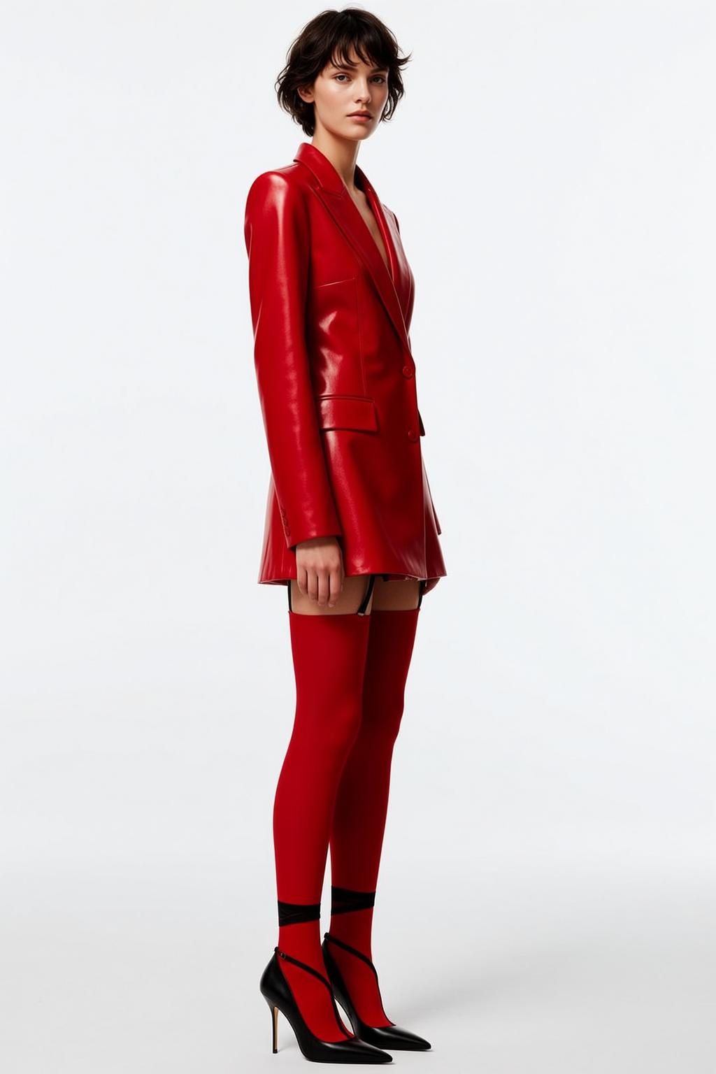Red Leather Blazer Thigh High Stockings Studio reference photo
