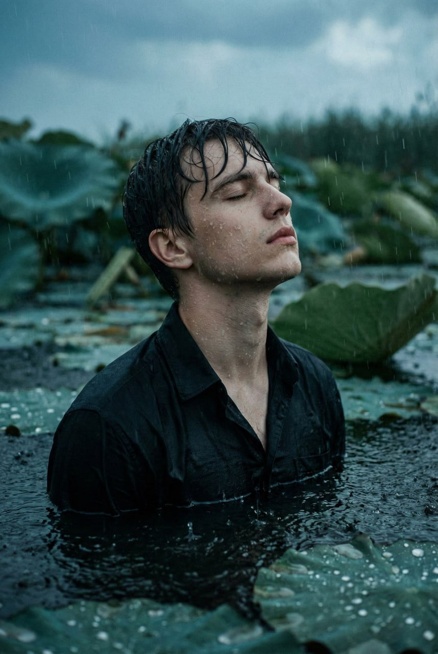 Young Man Lotus Water Rain Portrait