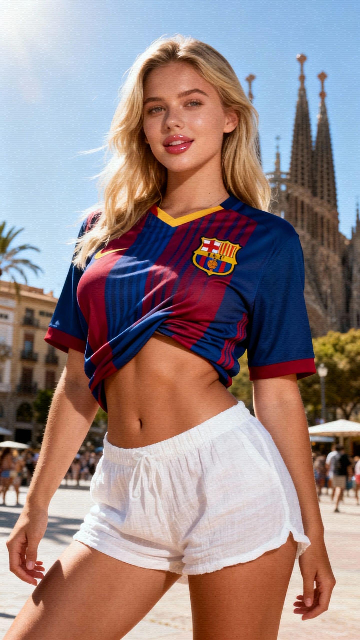 Young woman in oversized FC Barcelona jersey and white hotpants on a sunny Barcelona street, showcasing her confident pose.