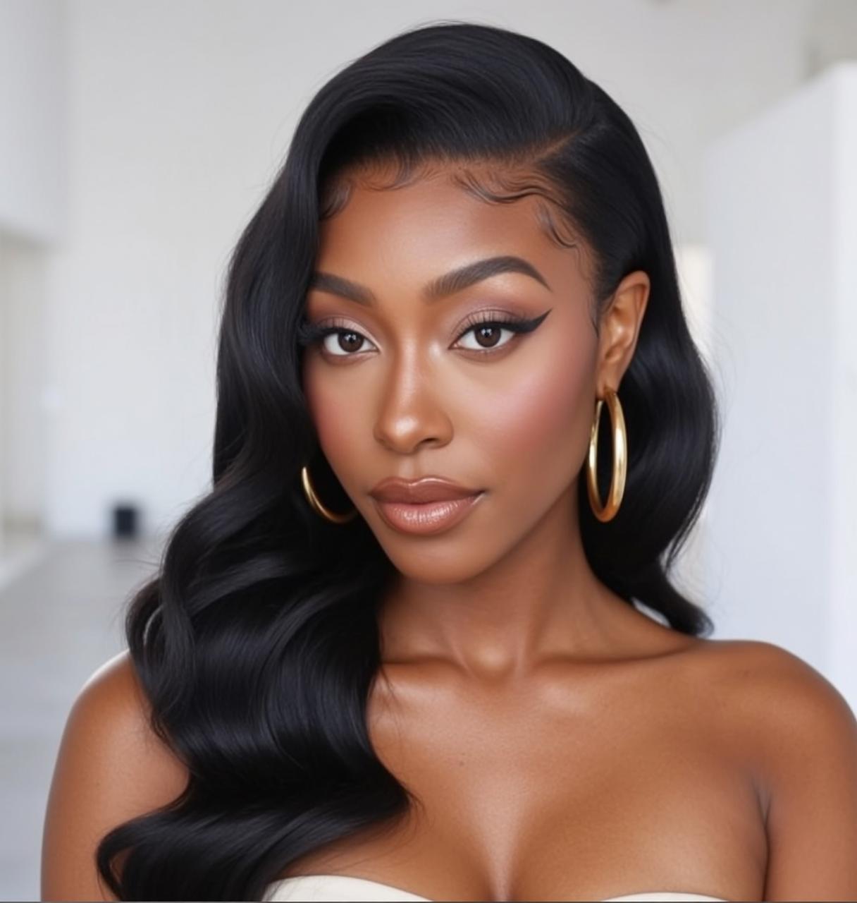 Black Woman Studio Portrait Gold Hoop Earrings reference photo