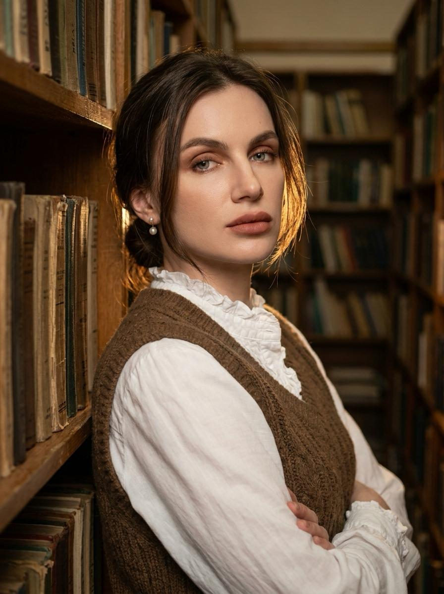 Close-up portrait of a woman in a warm, inviting library, leaning against a bookshelf filled with textured books.