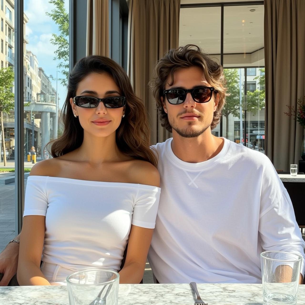 Young Couple Sitting Side By Side Restaurant View reference photo