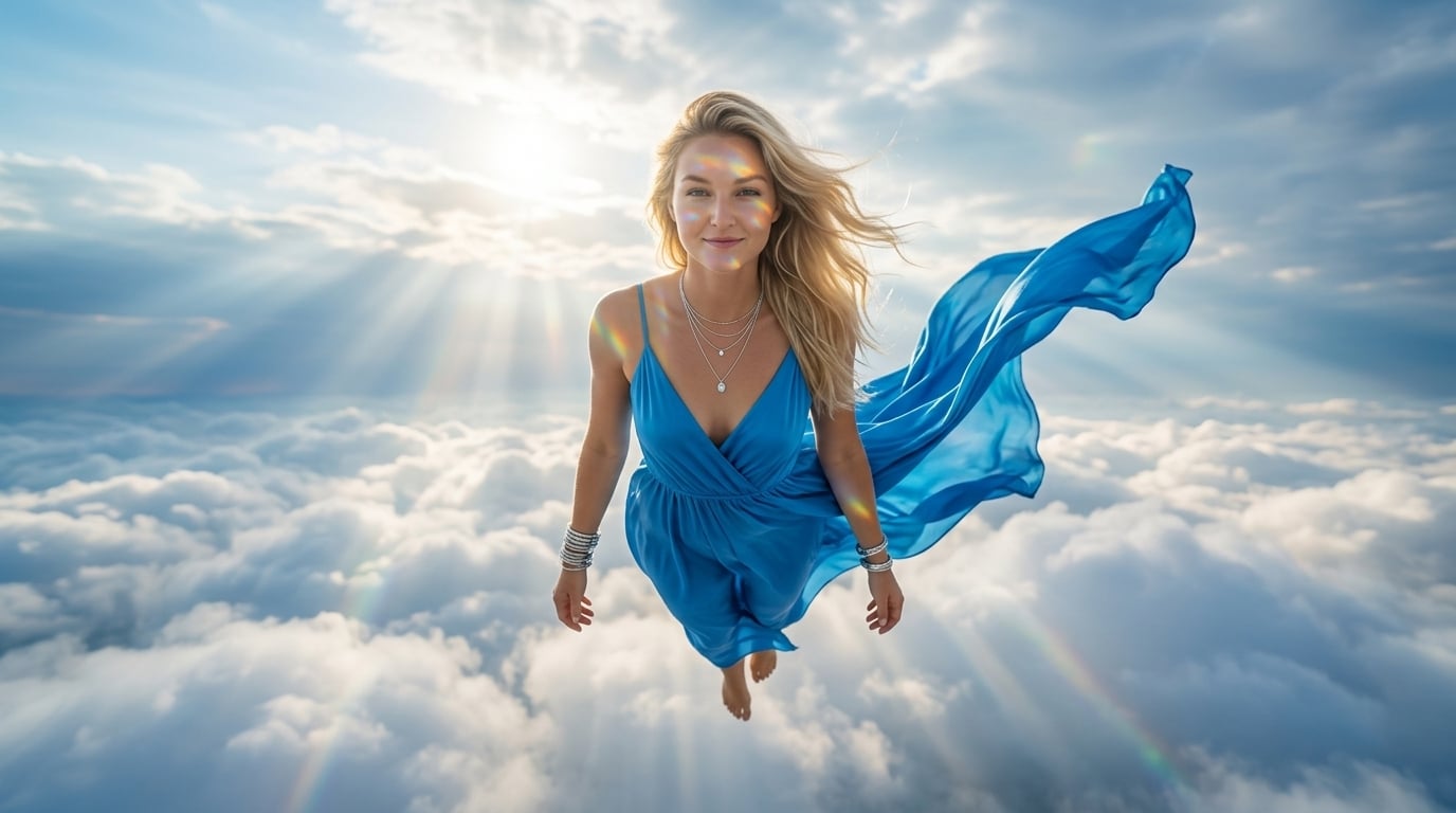 A serene woman suspended mid-air in a flowing silk dress against a radiant sky with soft clouds and dramatic sunlight.
