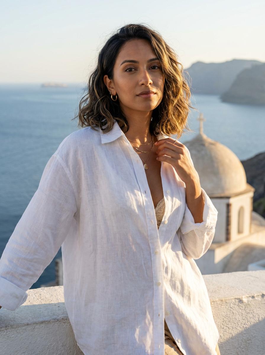White Linen Shirt Lace Bralette Sea View Balcony Golden
