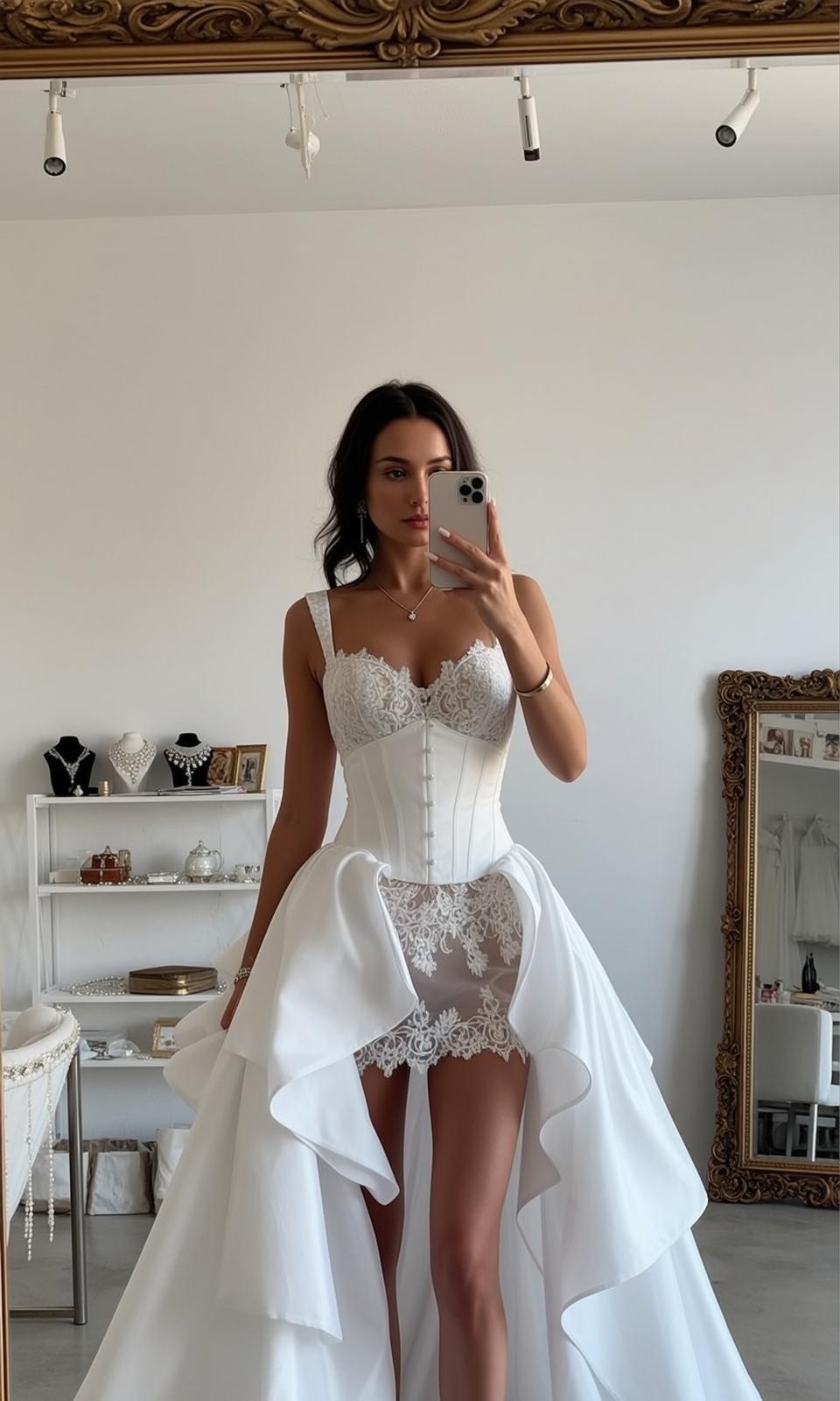 Coquettecore Stands Facing Mirror Holding Smartphone Her reference photo