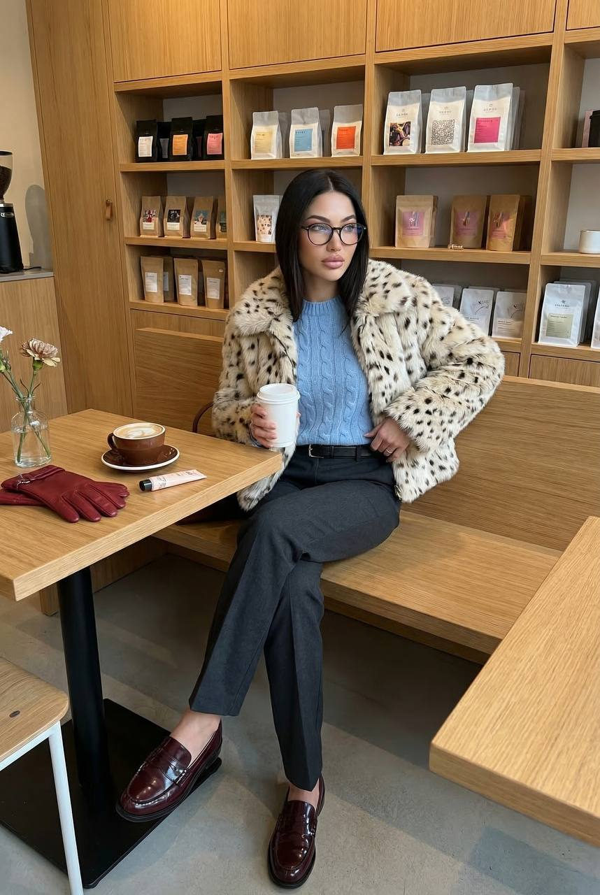 Realistic Woman Coffee Shop Bench Portrait