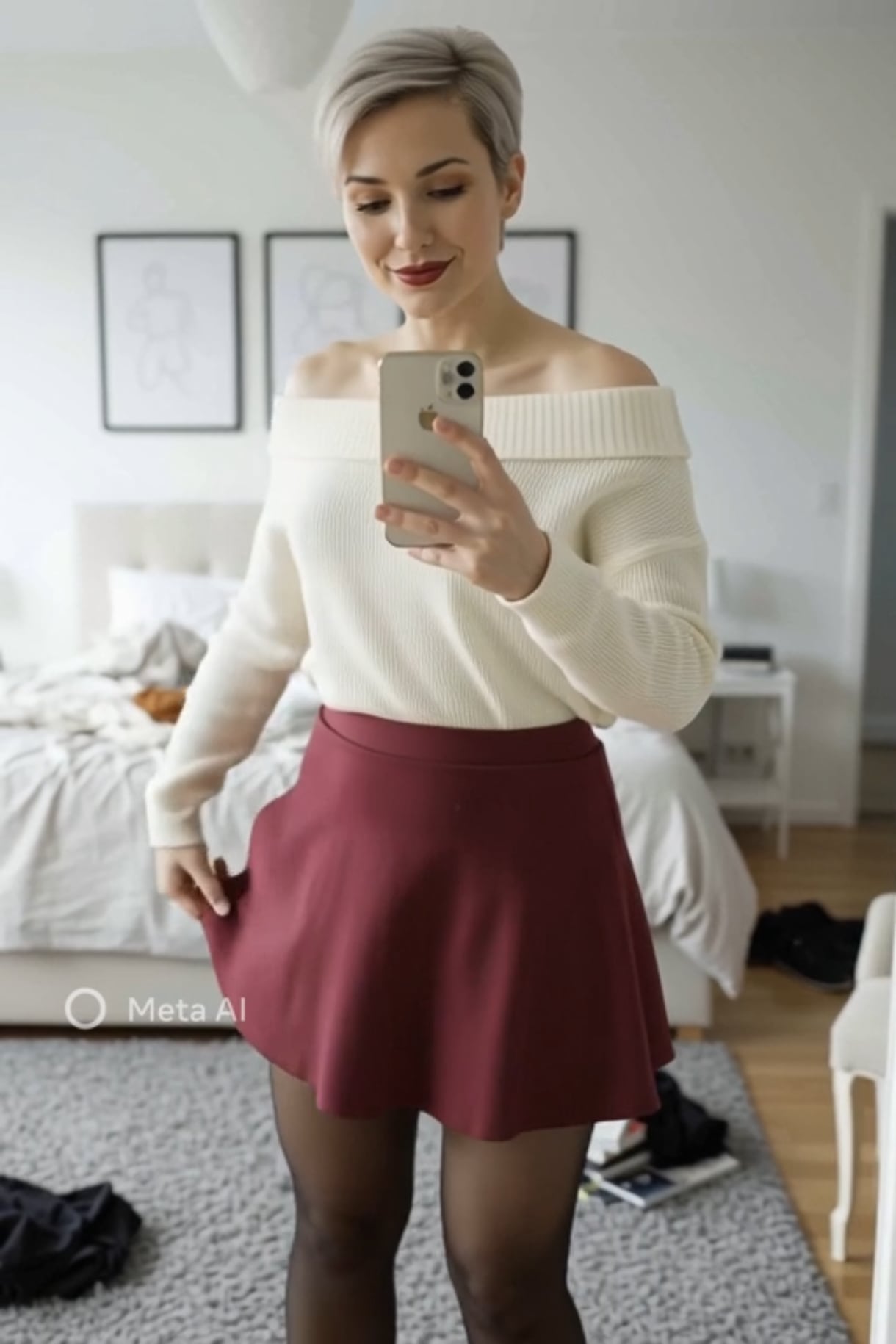 Selfie In Cream Sweater Maroon Skirt Bedroom
