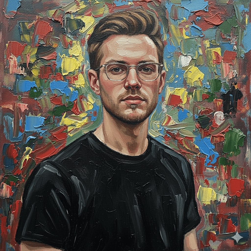 A painted figure with thick palette knife texture against a colorful abstract background, highlighting vivid strokes and fresh oil paint.