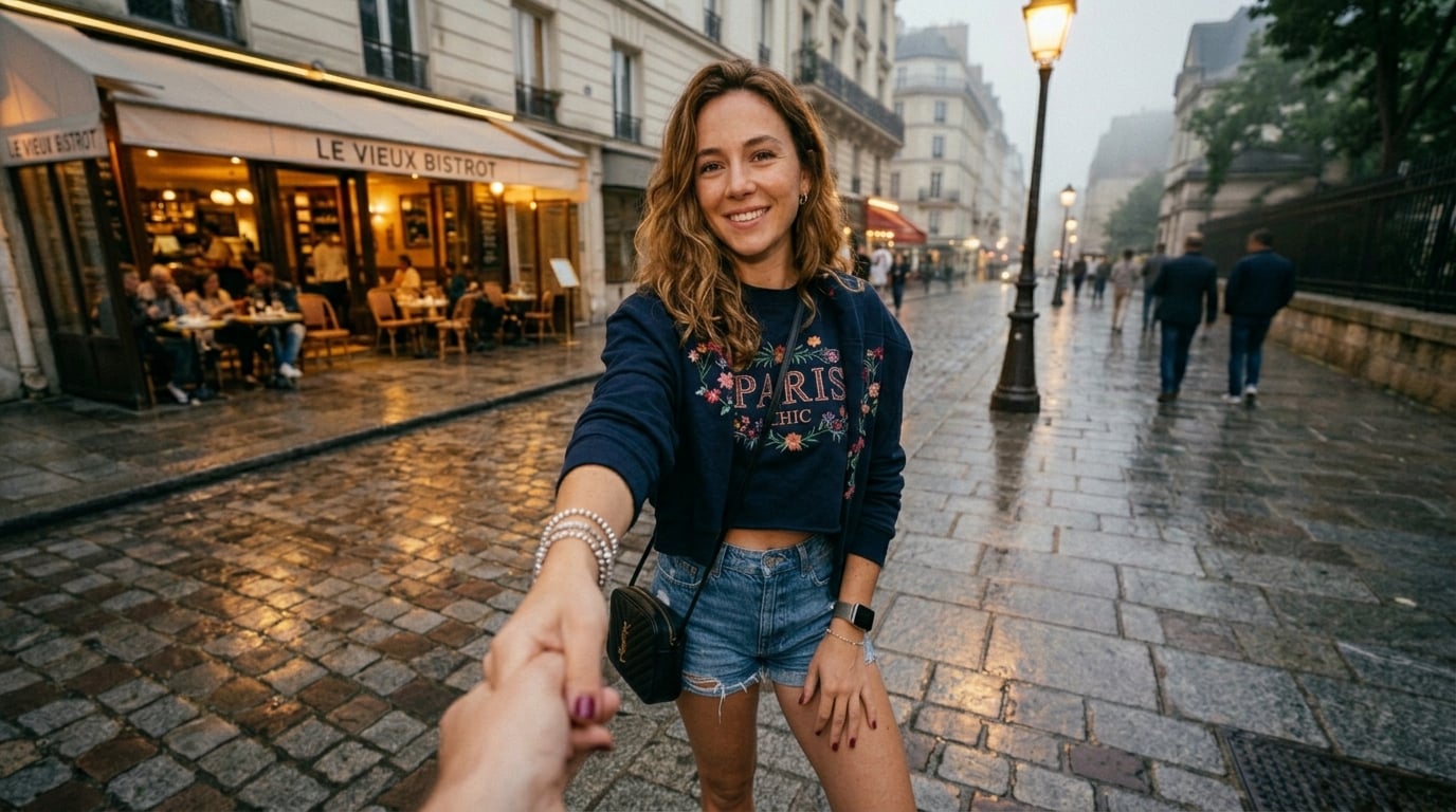 A stylish woman with wavy brown hair standing on a wet cobblestone street in Paris, wearing a dark blue floral cropped sweatshirt and denim shorts.