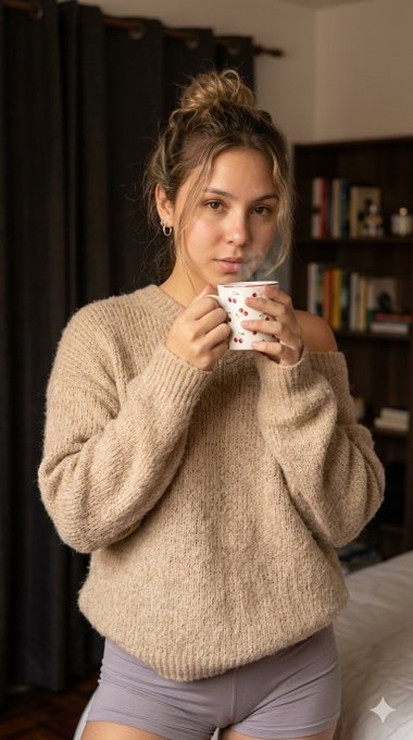 Cozy Knit Sweater Woman With Cherry Mug Bookshelf Background