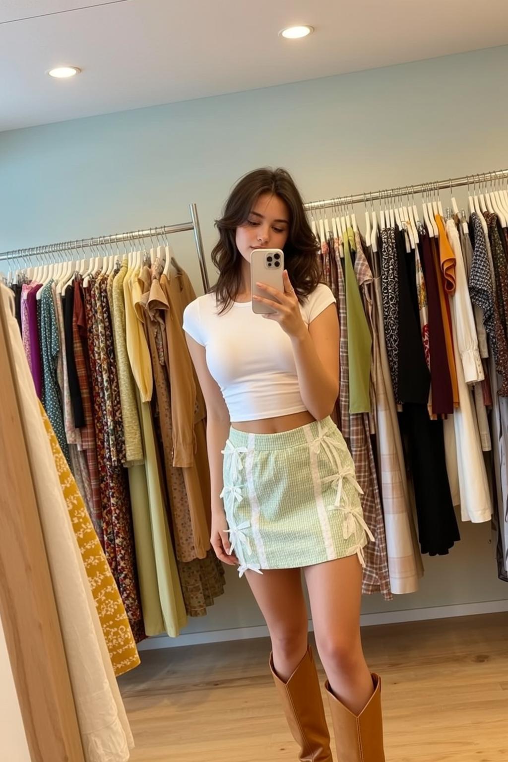 Checkered Mini Skirt Mirror Selfie reference photo