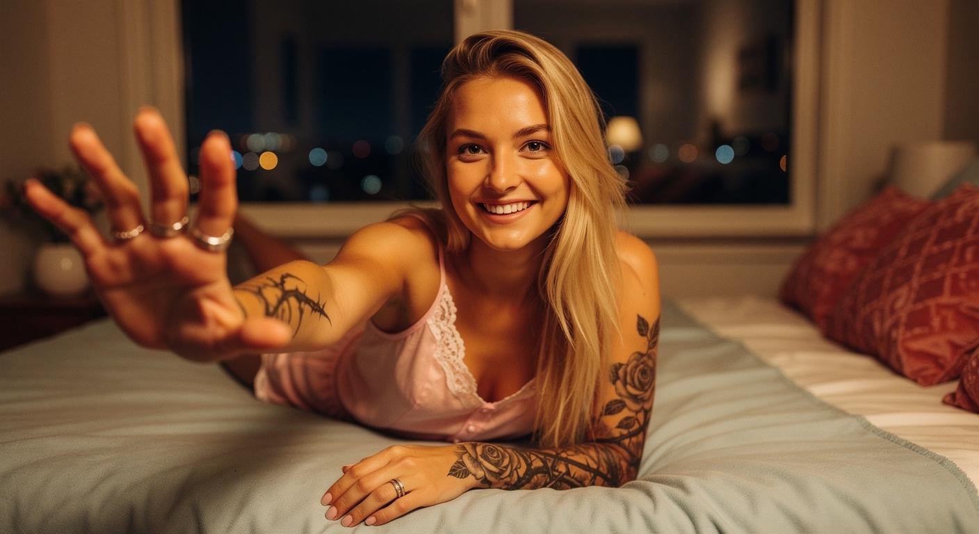 A woman in pastel pink sleepwear lying on her stomach in a cozy bedroom, displaying an intricate tattoo sleeve on her right arm.