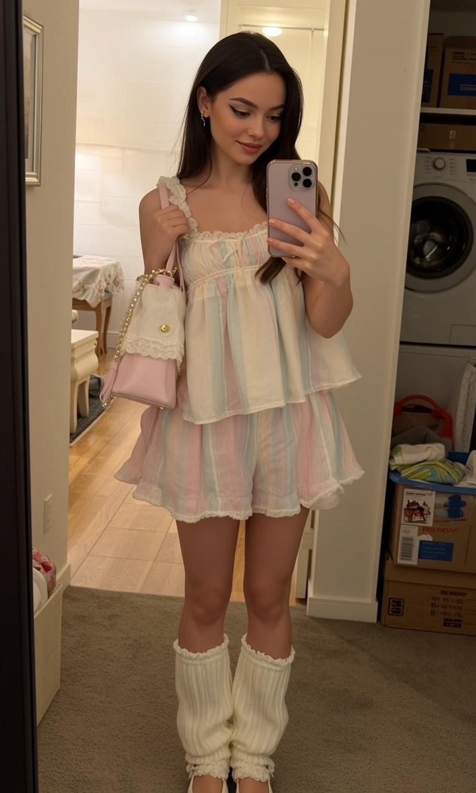 Pastel Stripe Skirt Mirror Selfie reference photo
