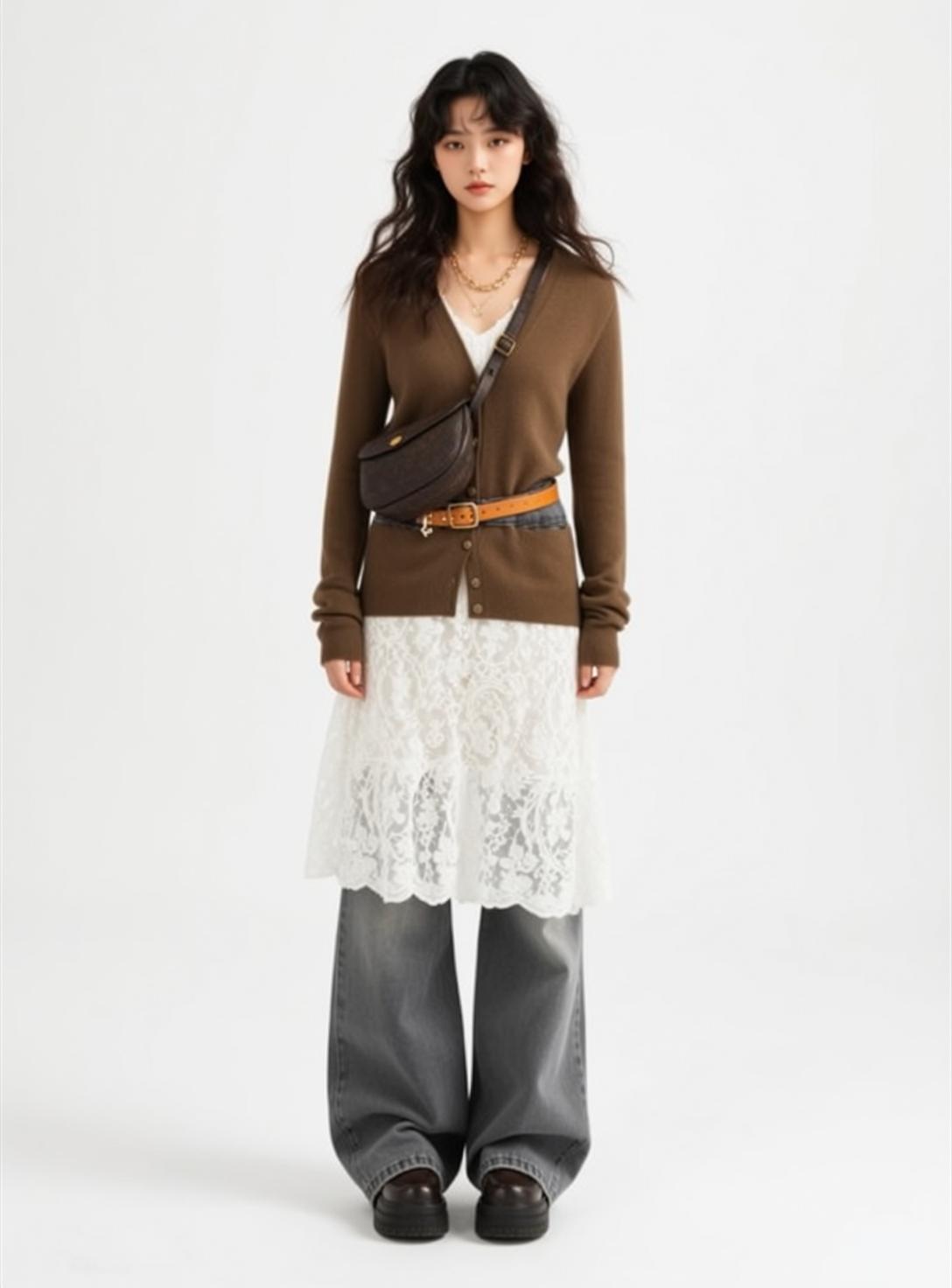 Brown Cardigan and Grey Jeans Studio reference photo