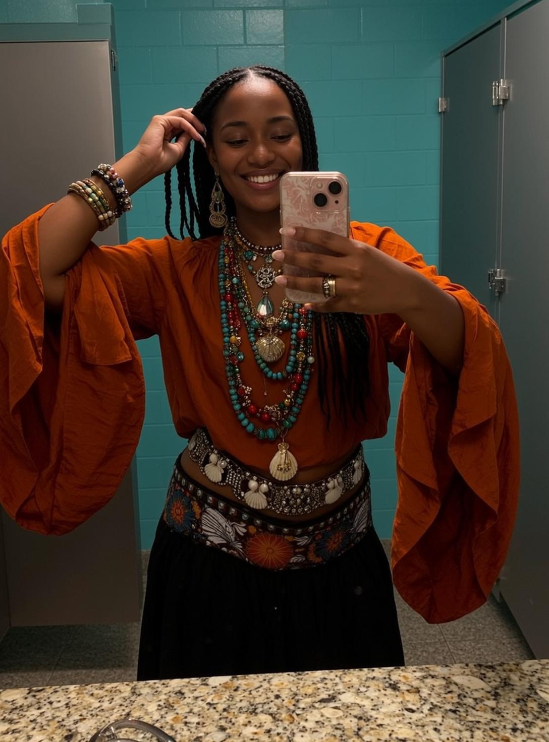 Bathroom Stall Selfie Orange Blouse Shell Belt reference photo