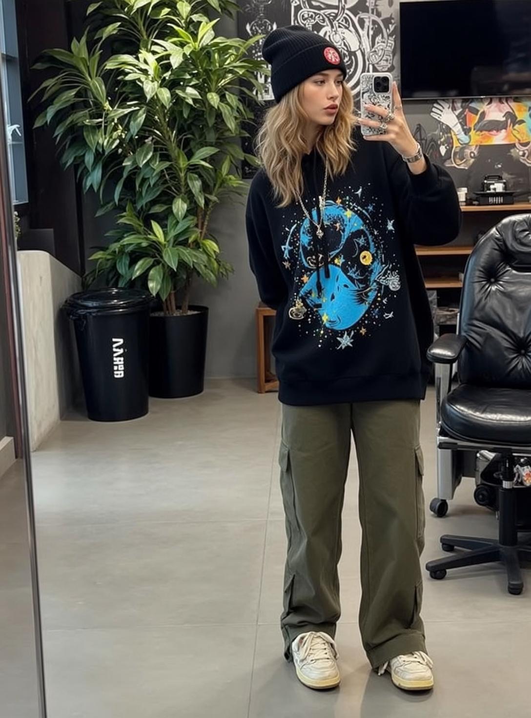 Blonde Wavy Hair Black Hoodie Cargo Pants Silver Rings reference photo