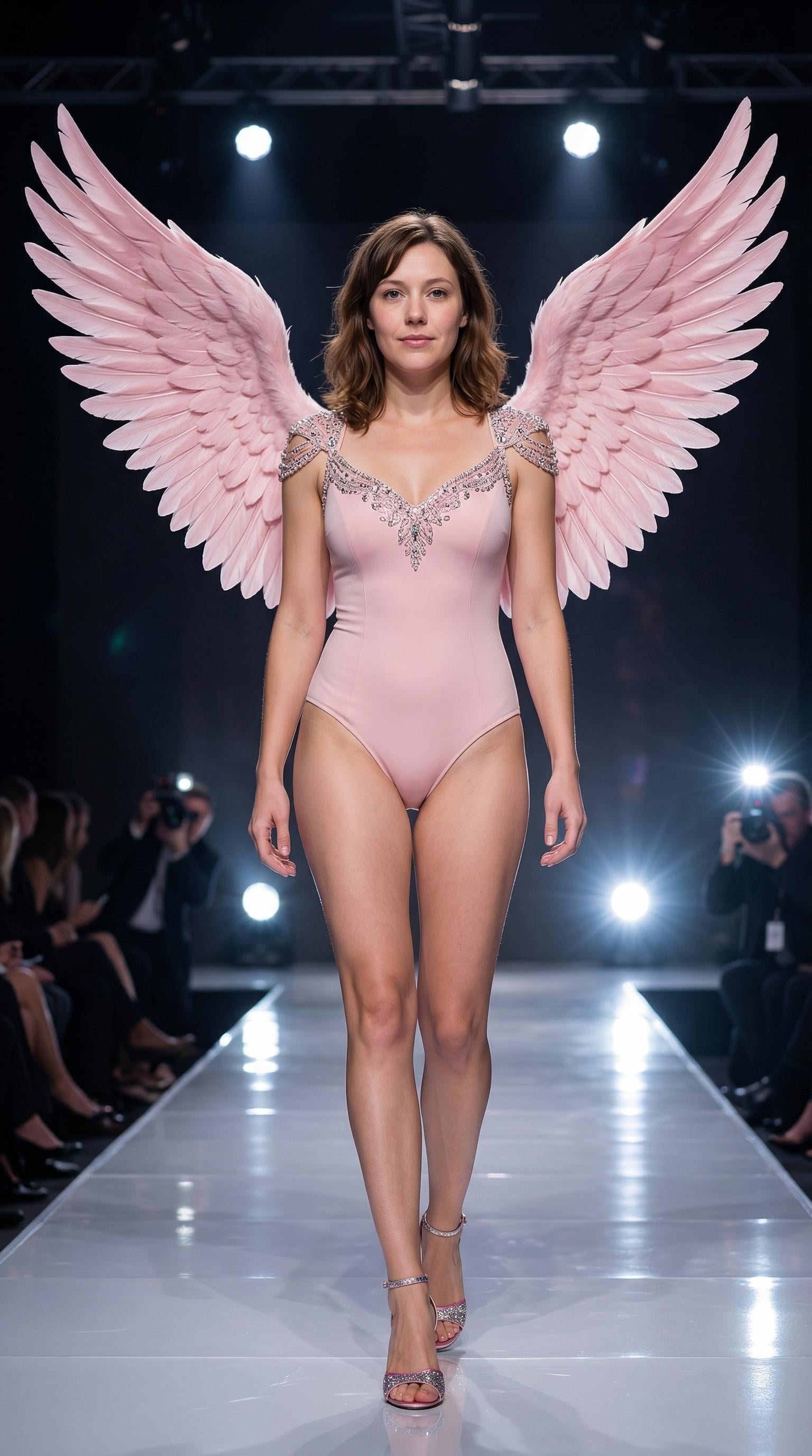 A confident female model walking forward on a fashion runway, showcasing a soft pink bodysuit and giant angel wings with detailed feathers.