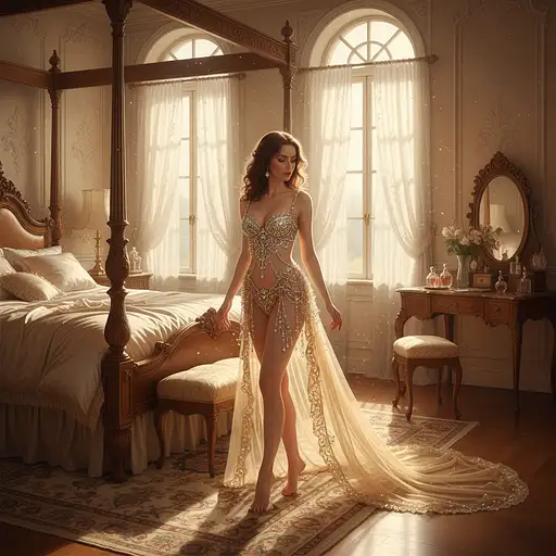 A graceful woman stands in a luxurious bedroom, wearing a stunning gold and crystal lingerie set with intricate beadwork and a flowing train.
