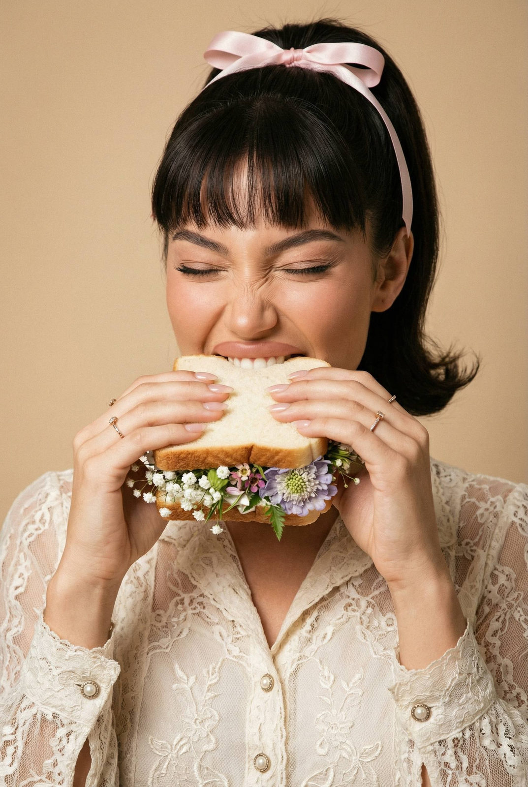 Playful Bite Whimsical Flower Sandwich Ivory Lace