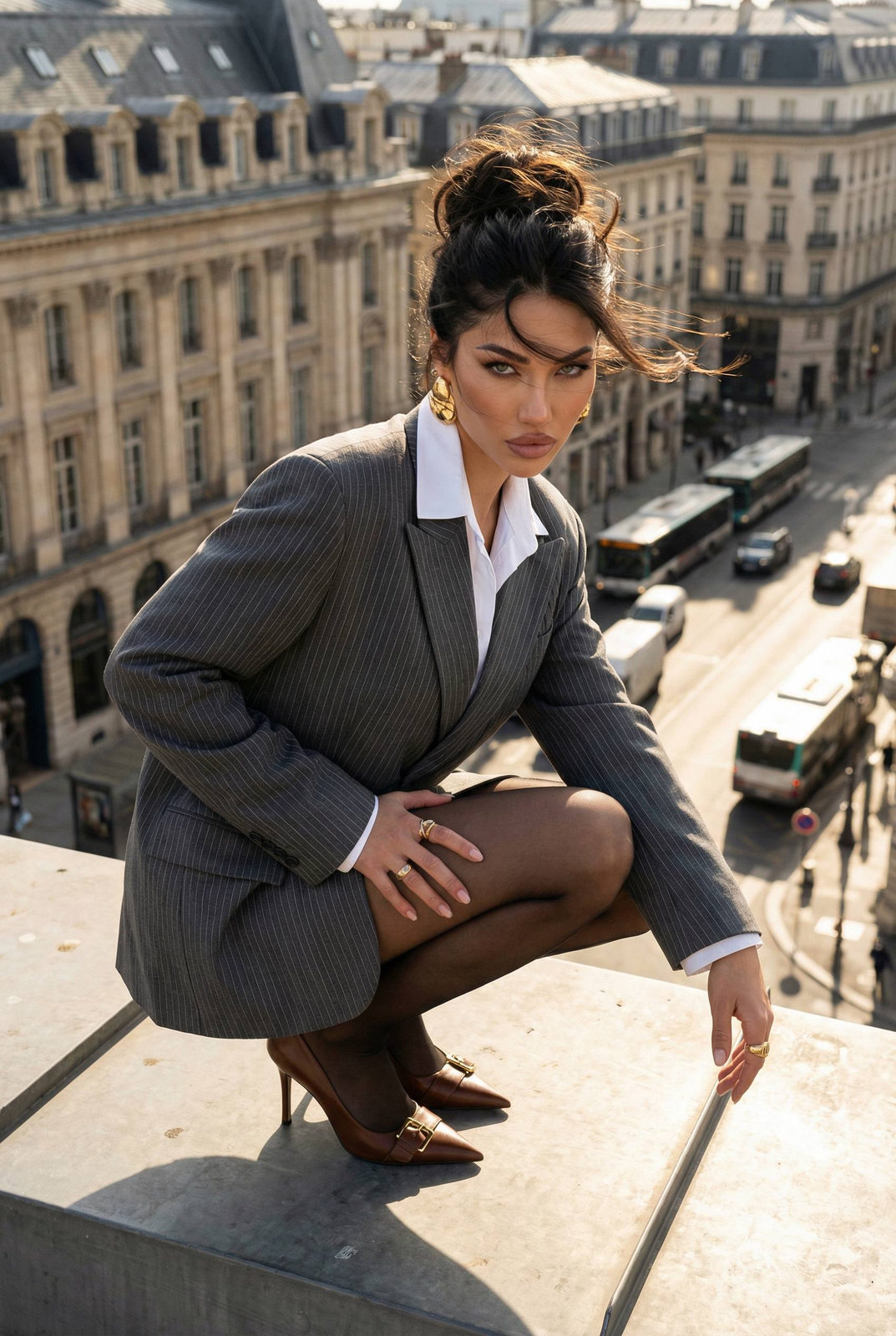 Rooftop Fashion Portrait European Cityscape Gold Accents