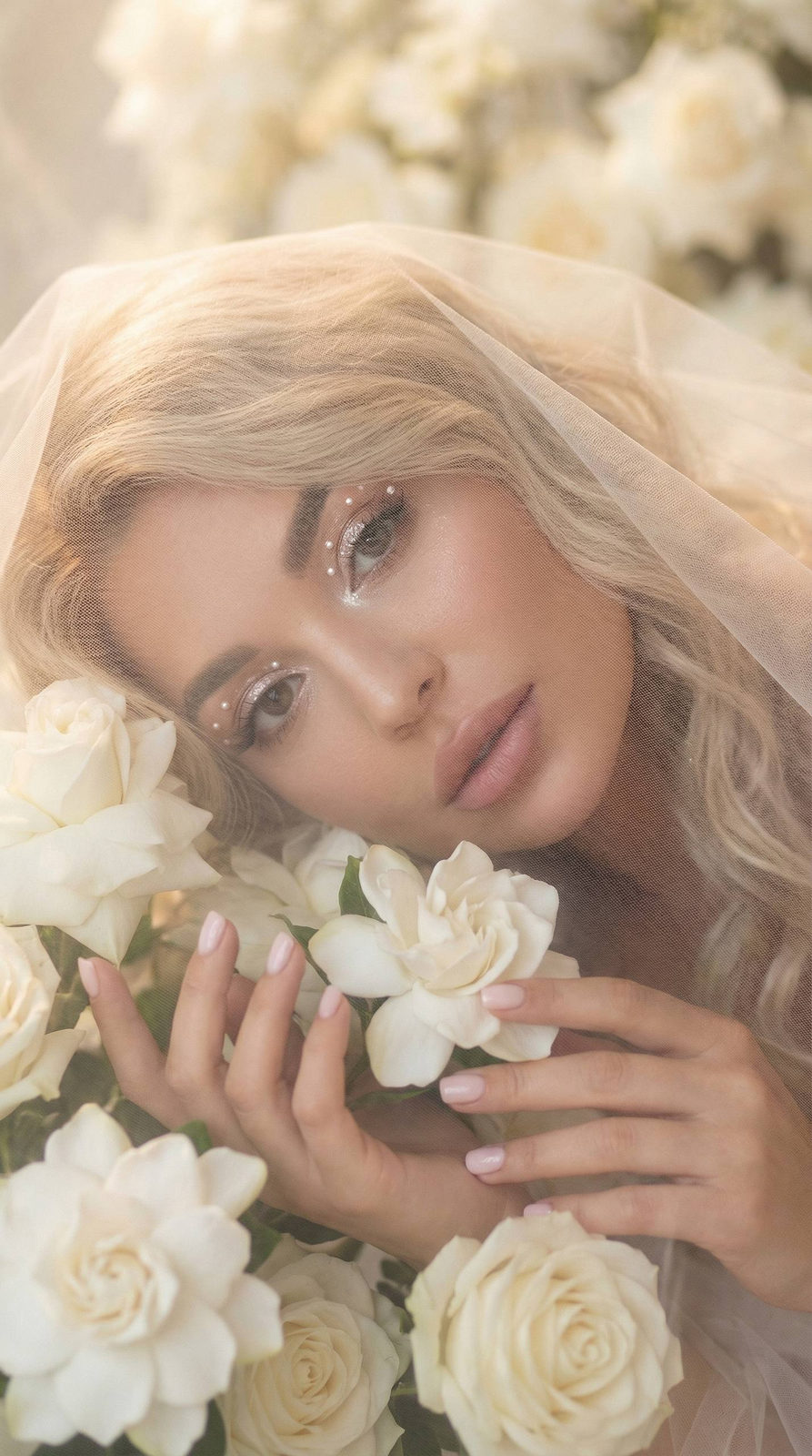 Woman White Flowers Soft Veil