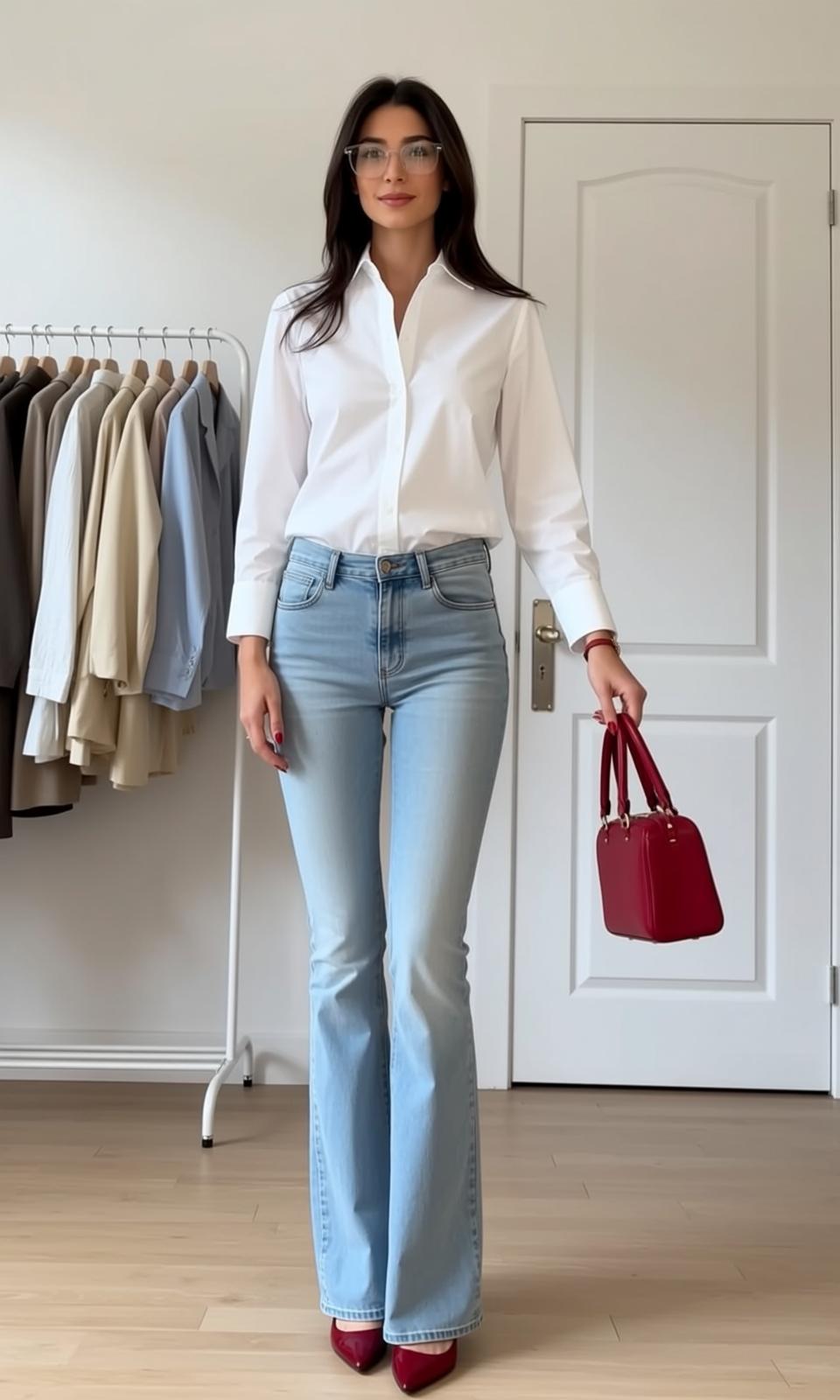 White Shirt Flare Jeans Doorway reference photo