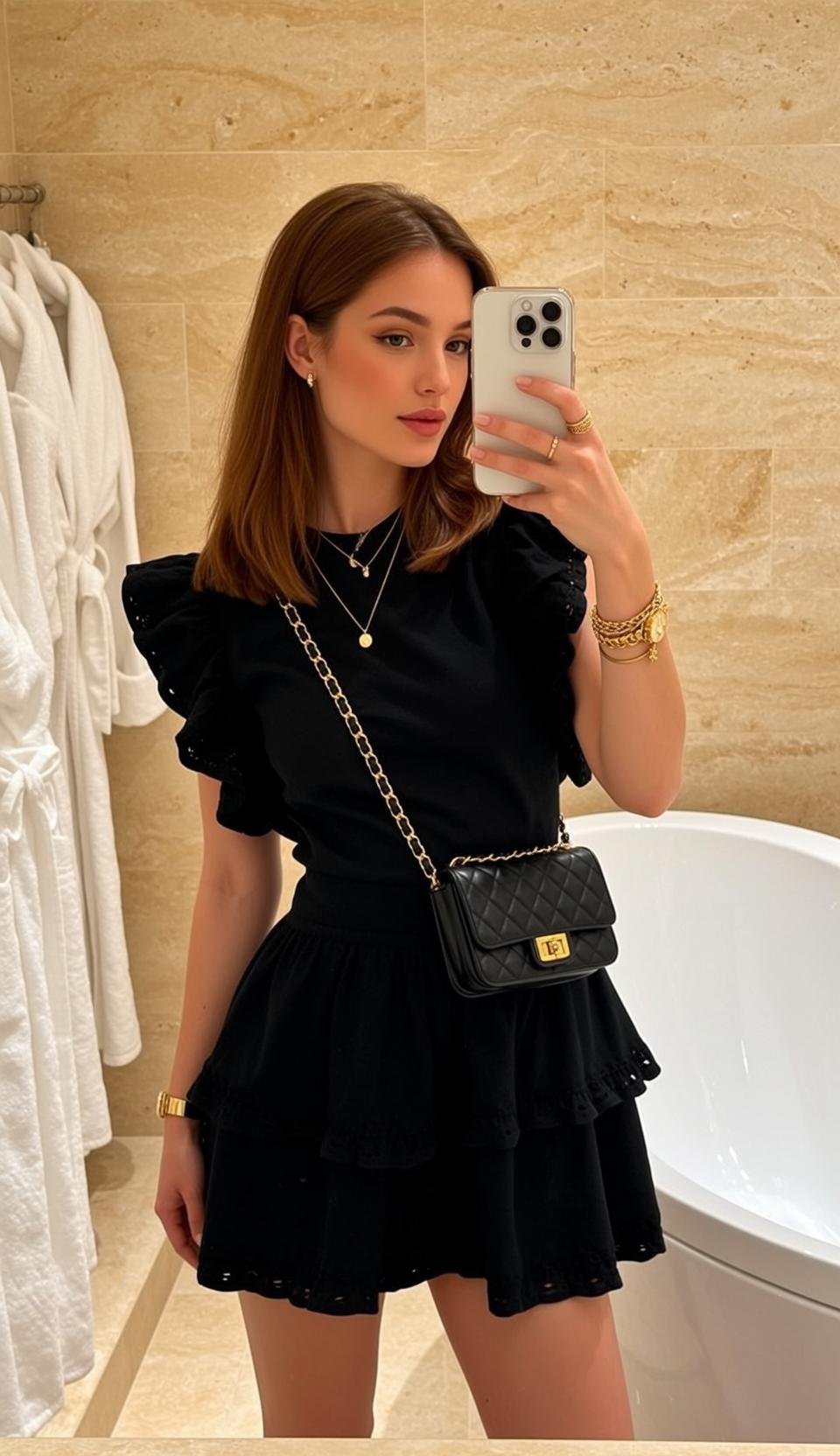 Ruffled Black Dress Bathroom Selfie reference photo