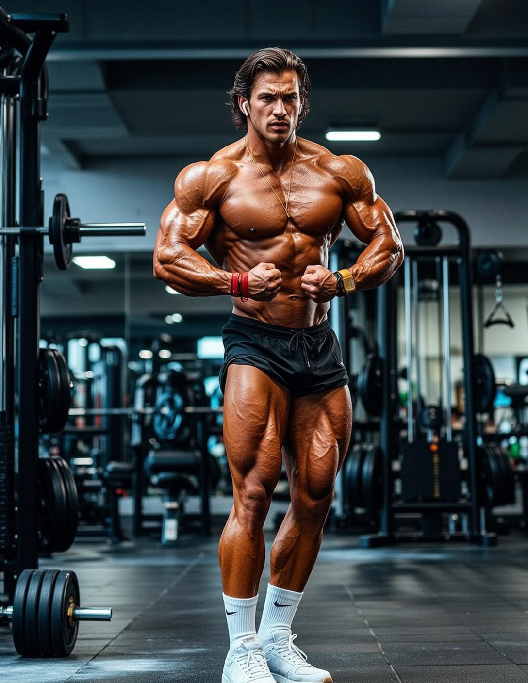 Muscular Dark Brown Medium Length Swept Back reference photo