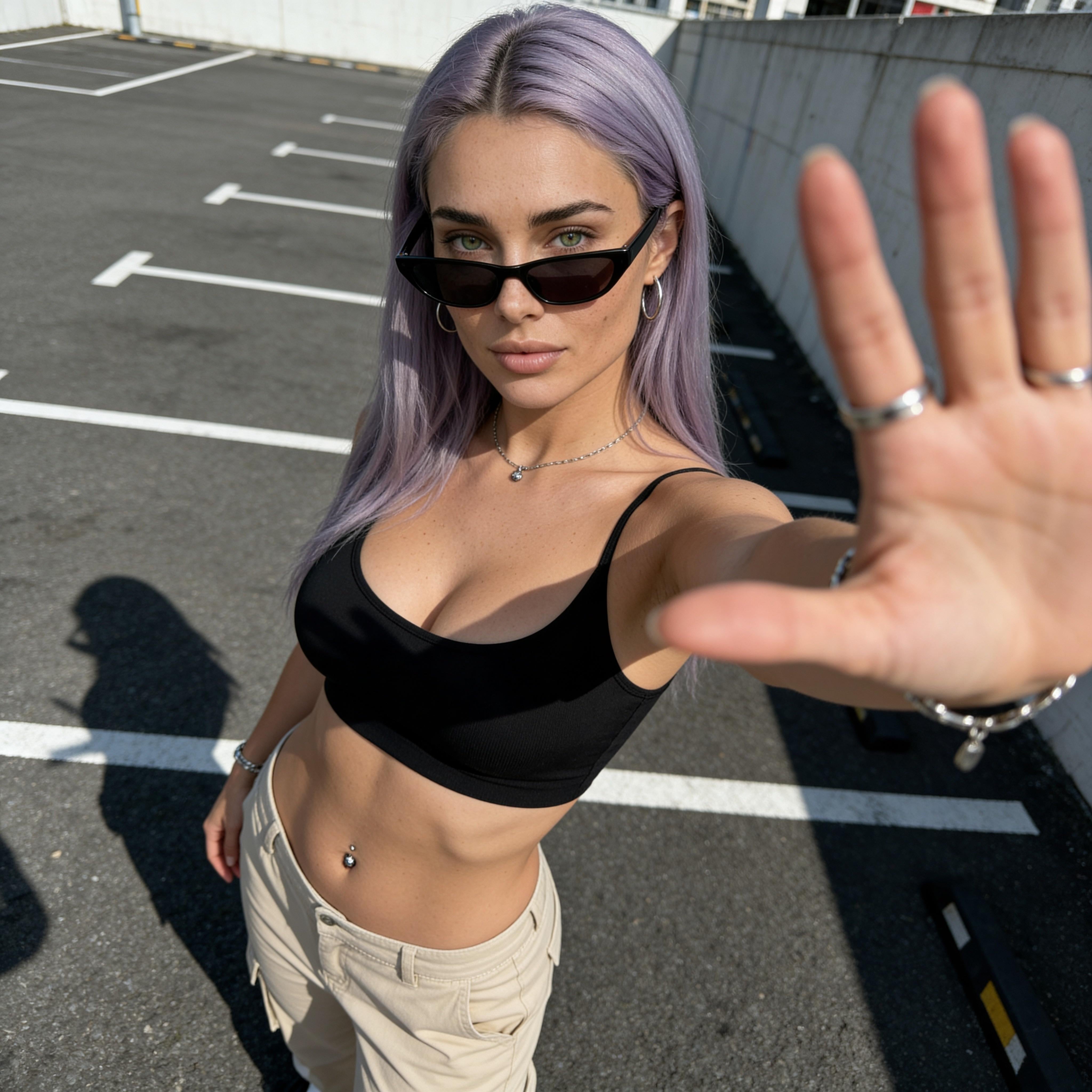 Street Style Woman Parking Area Wide Angle Selfie
