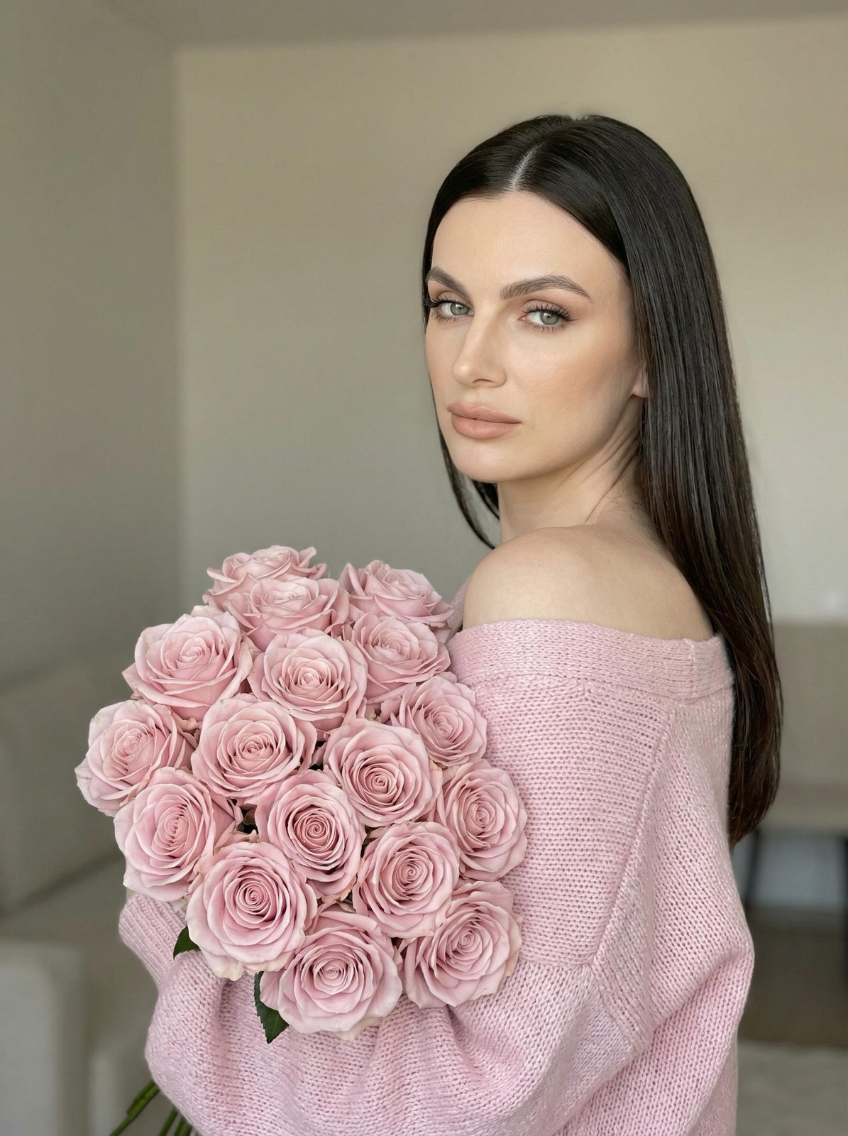 Realistic Pink Roses Woman Interior
