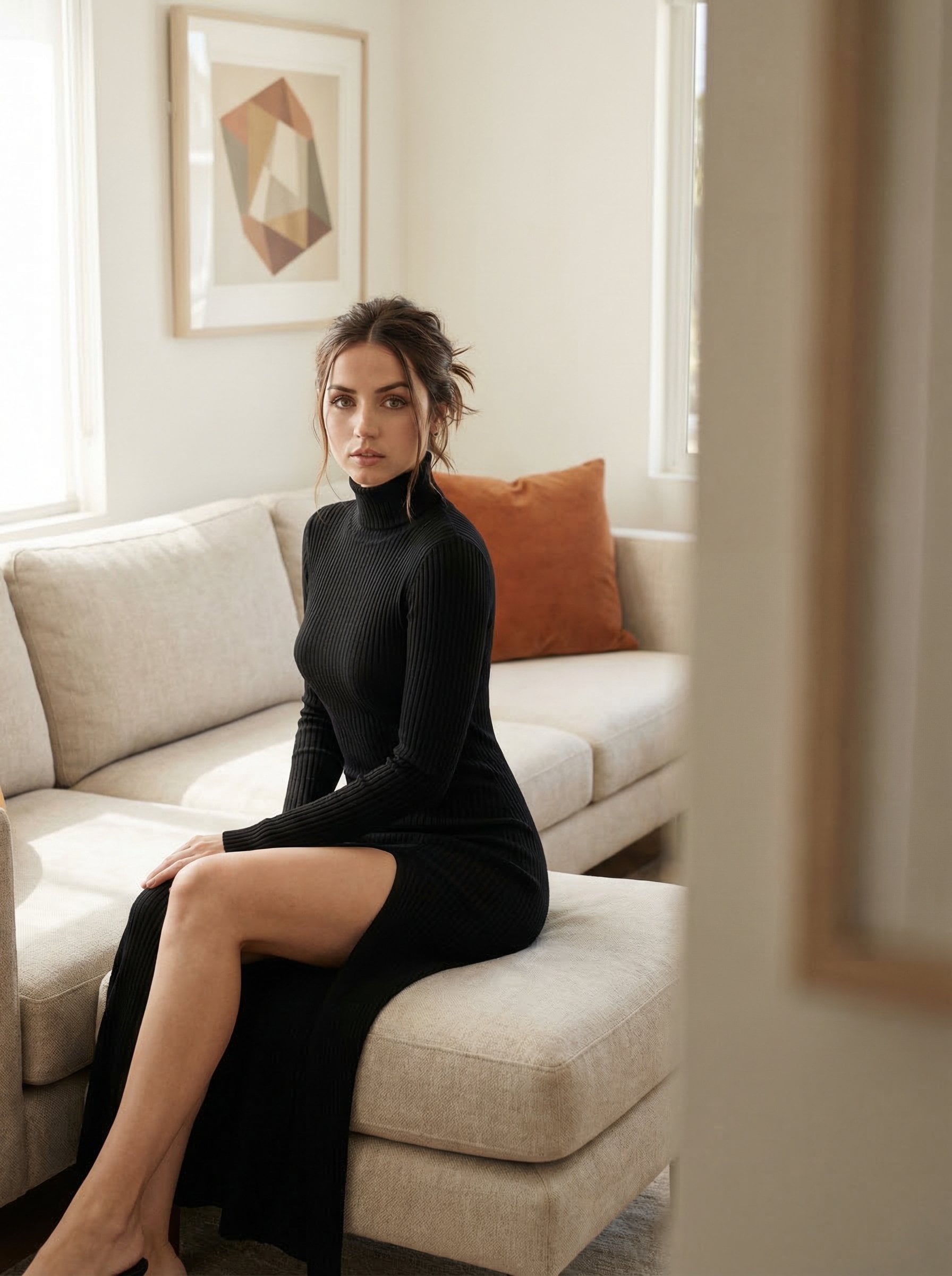 A woman in a black turtleneck dress seated on a sofa in a sunlit living room with geometric art.