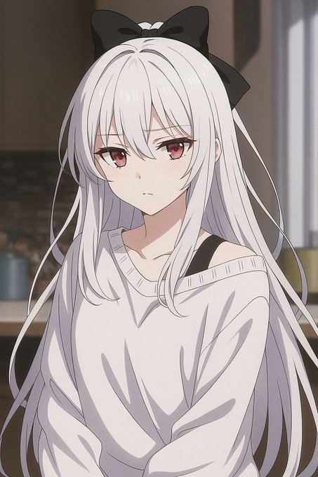A person with long white hair and a black bow in a soft-lit indoor scene wearing an off-the-shoulder white sweater.