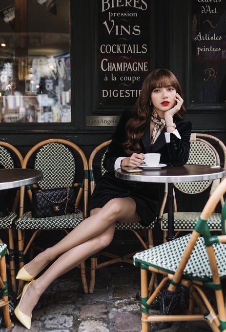Paris Cafe Woman Velvet Blazer Silk Scarf Teacup