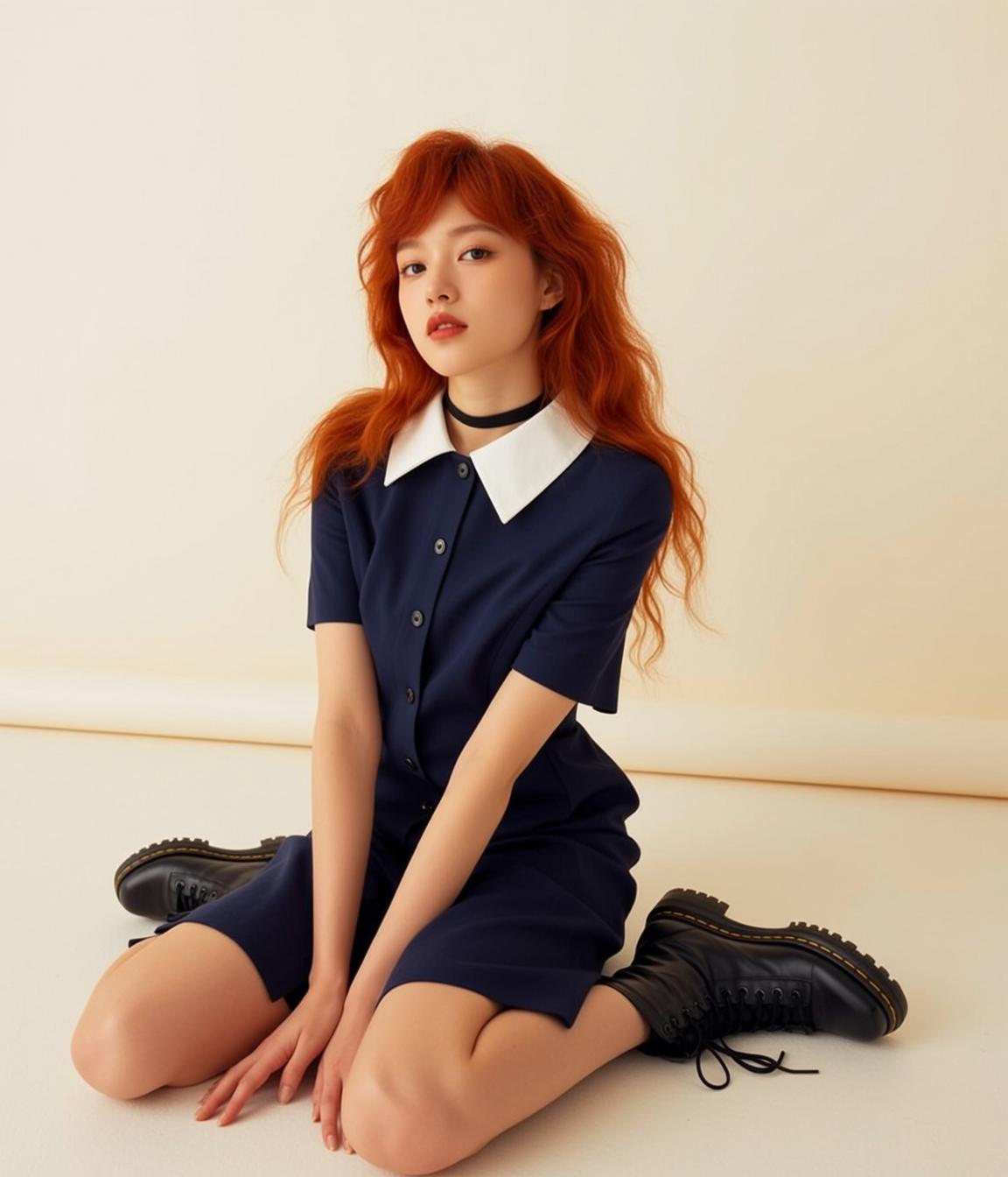 Navy Shirt Dress Studio Pose reference photo