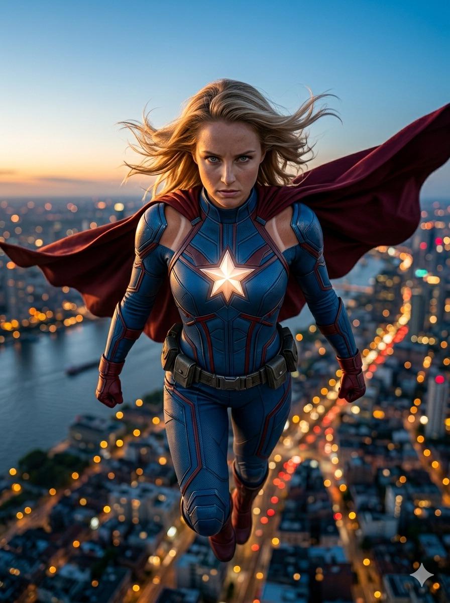 Female Superhero Flying City Dusk