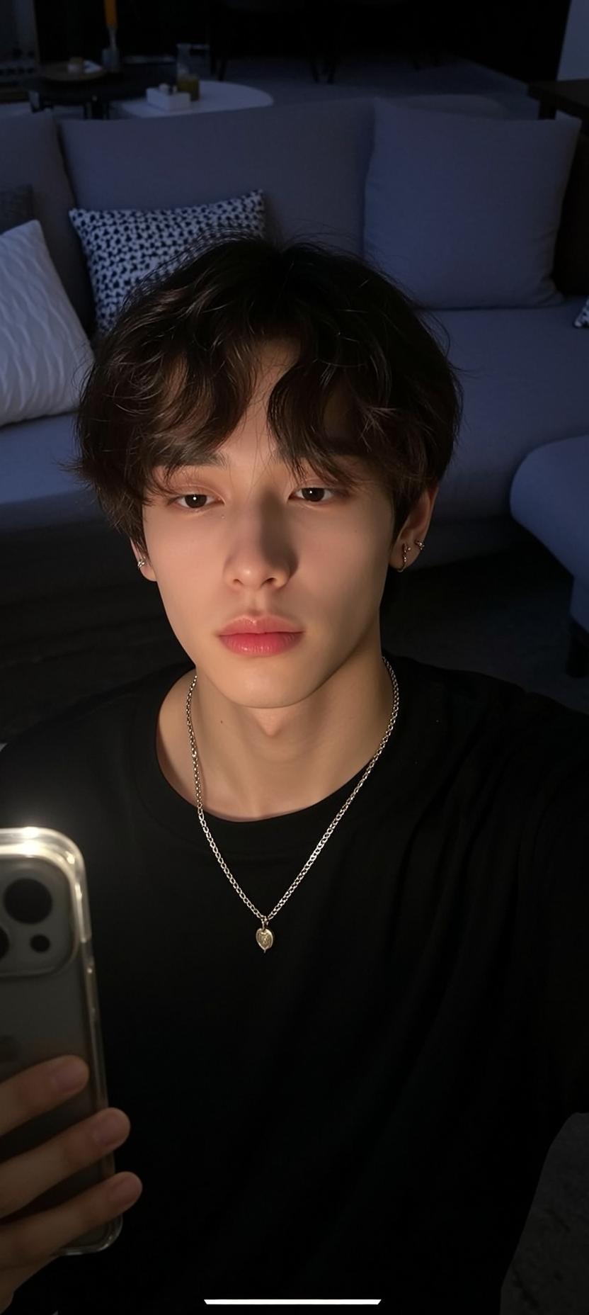 Man Taking Selfie Black T Shirt Silver Chain reference photo