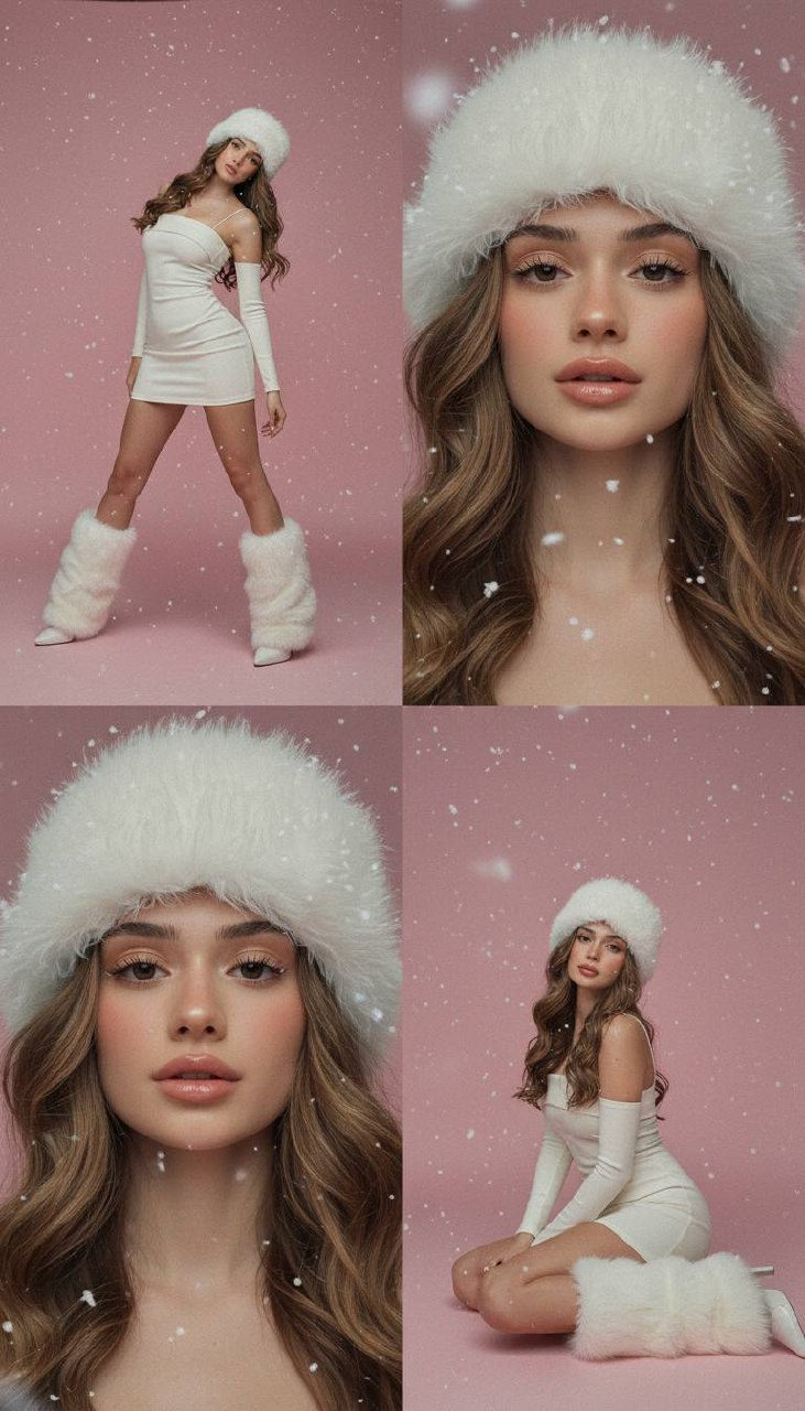 A dynamic full-length shot of a user posing in a cream long-sleeve mini dress against a soft pink background with falling snow.