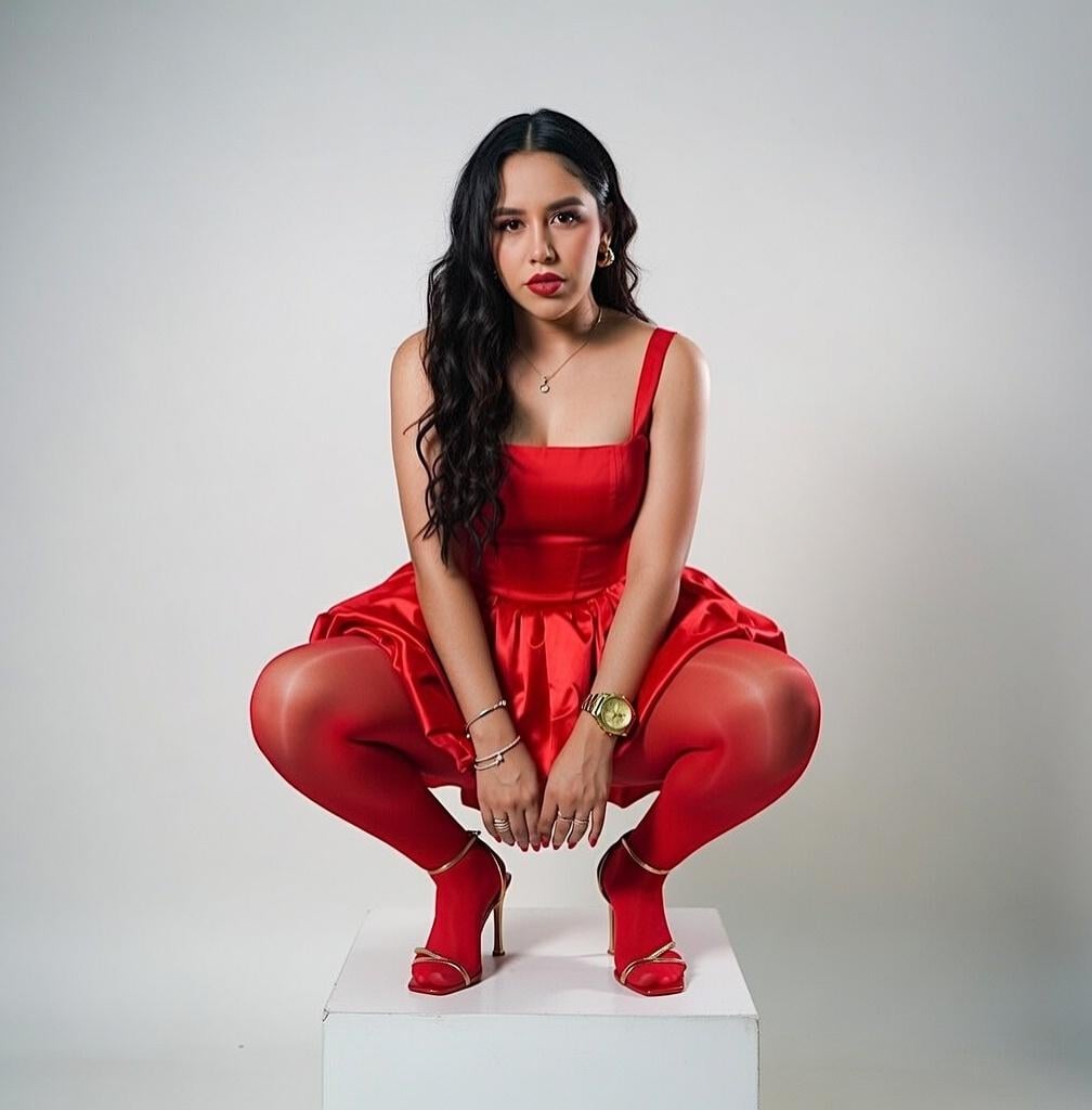 Scarlet Satin Dress Deep Squat White Studio Cube