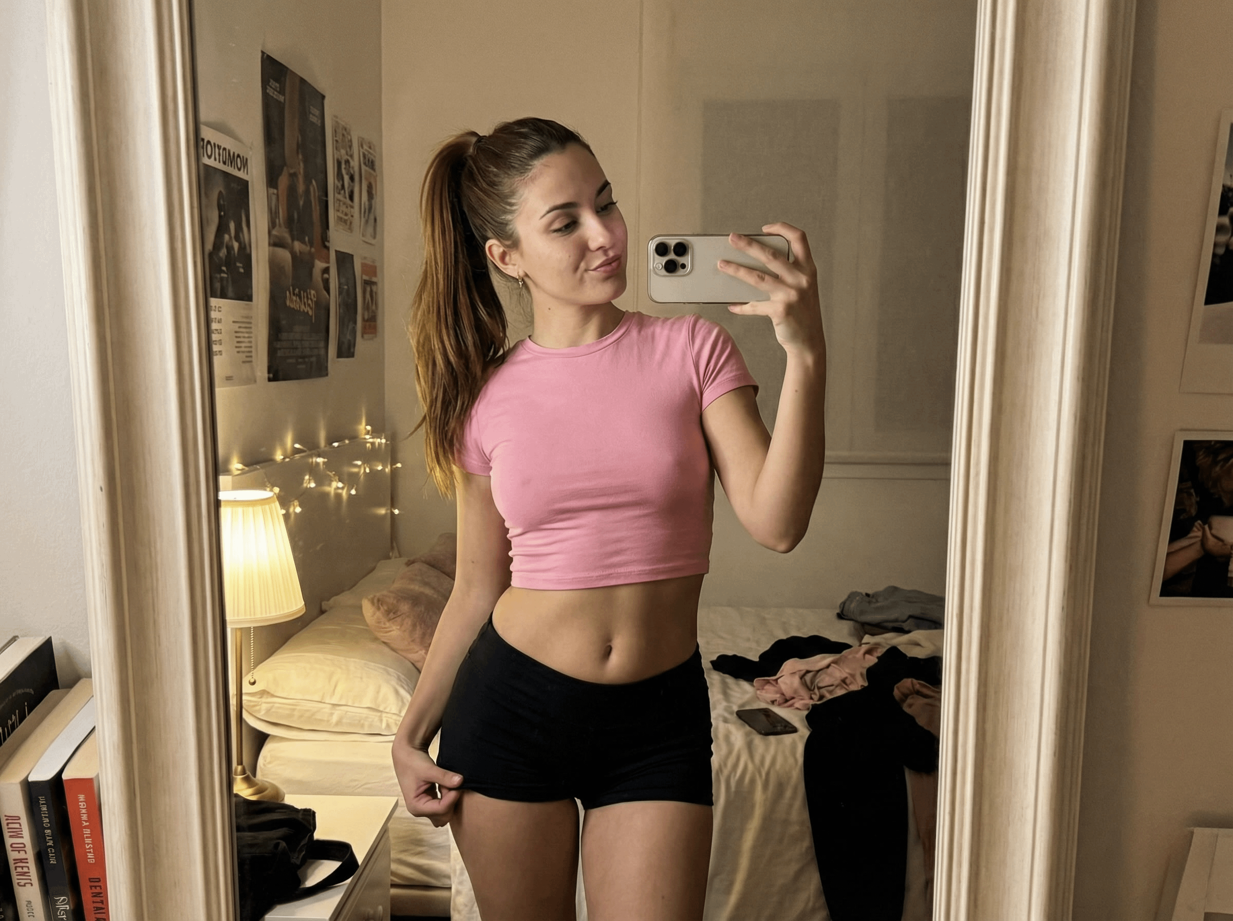 Pink Crop Top Micro Shorts Bedroom Mirror Selfie